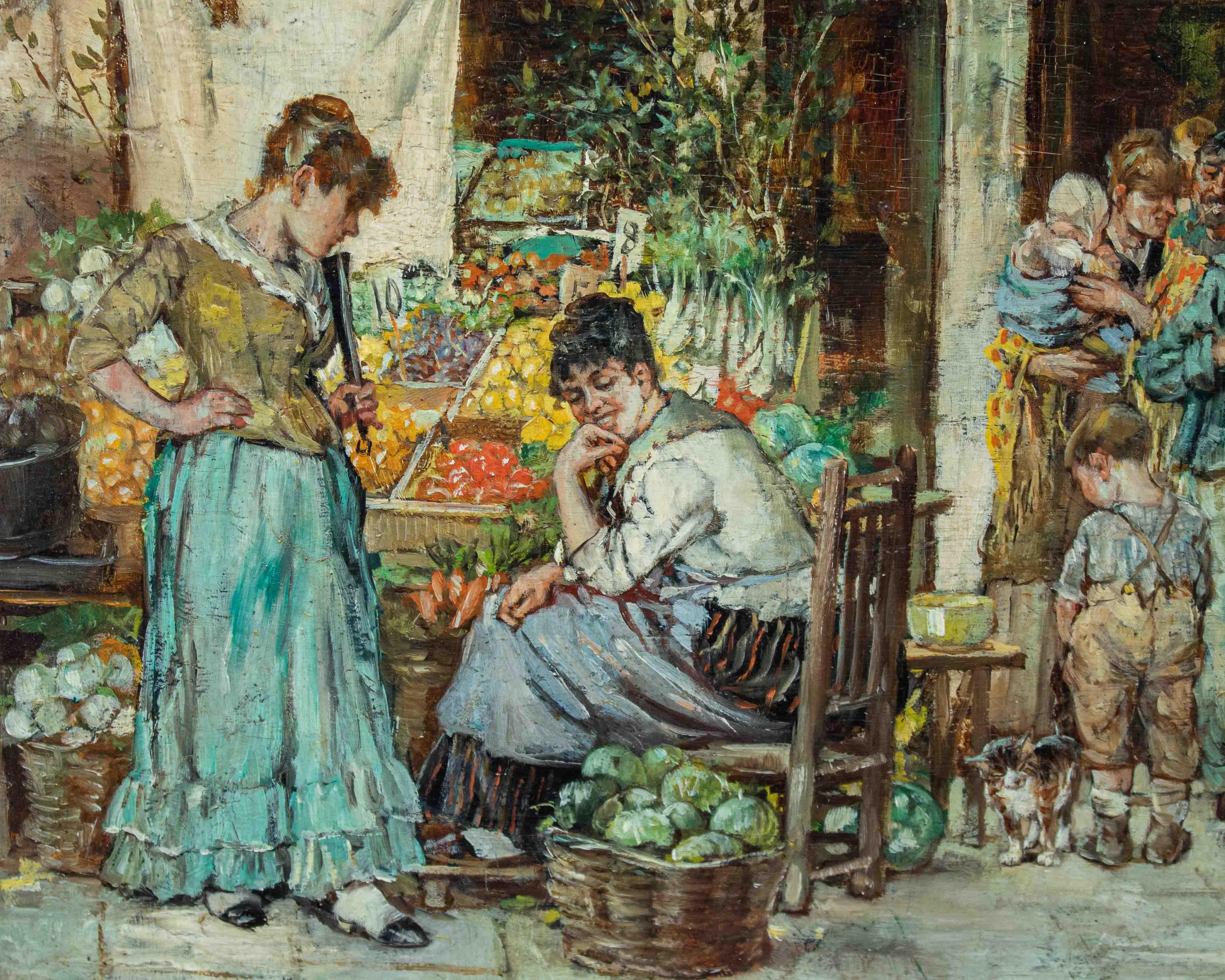 19th Century Market Scene Painting William Henry Pike Oil on Panel 6