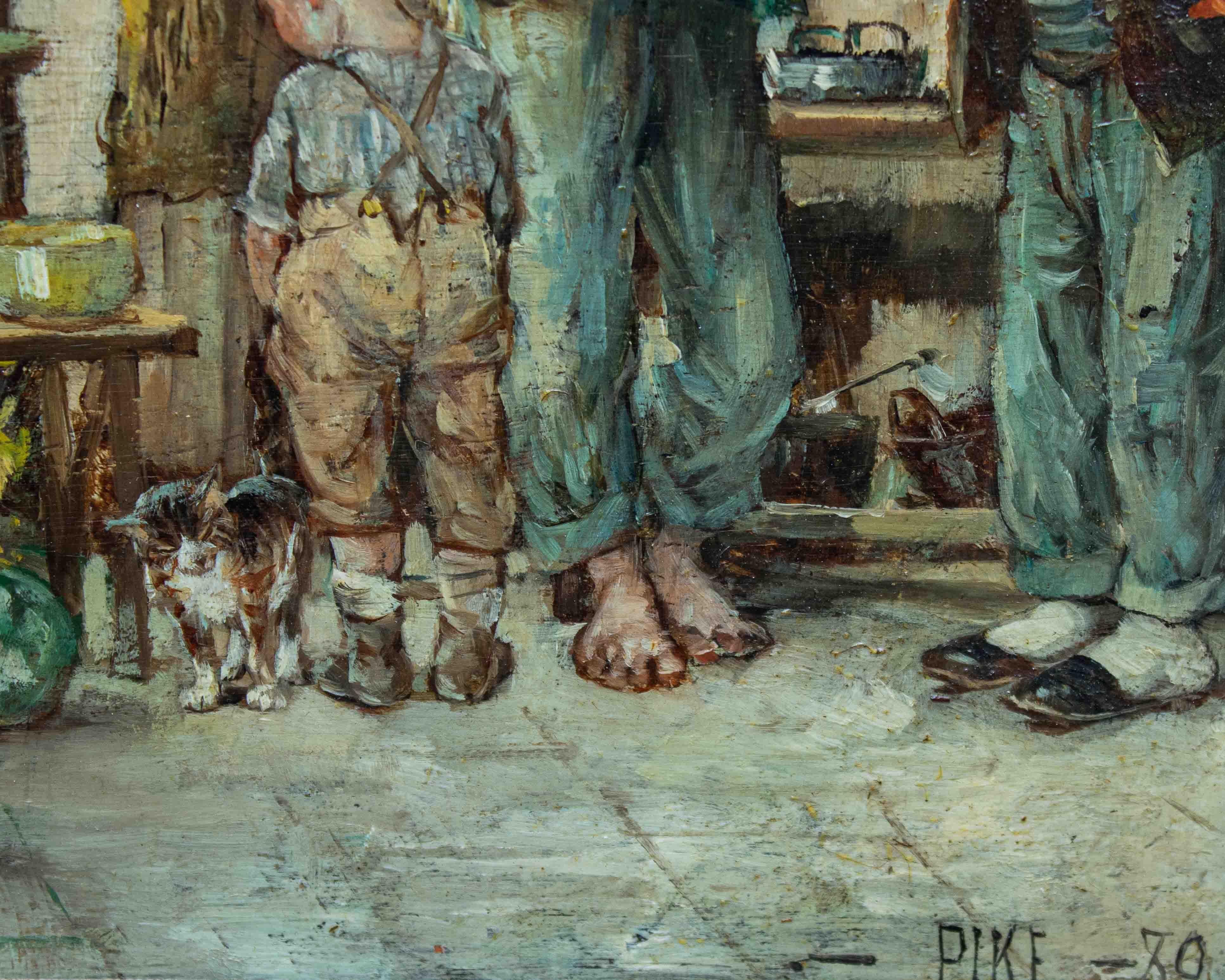 19th Century Market Scene Painting William Henry Pike Oil on Panel 8