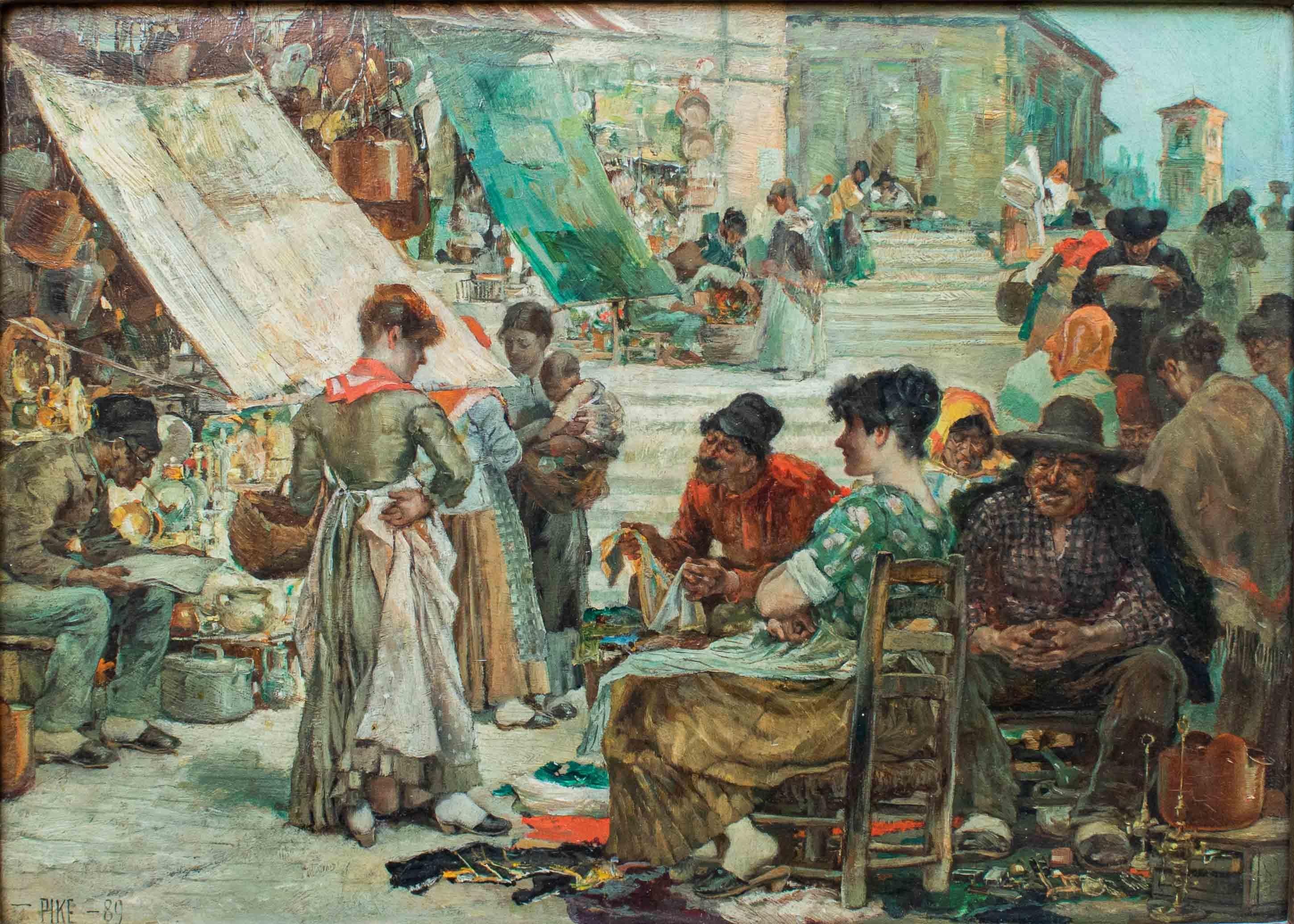 Italian 19th Century Market Scene Painting William Henry Pike Oil on Panel