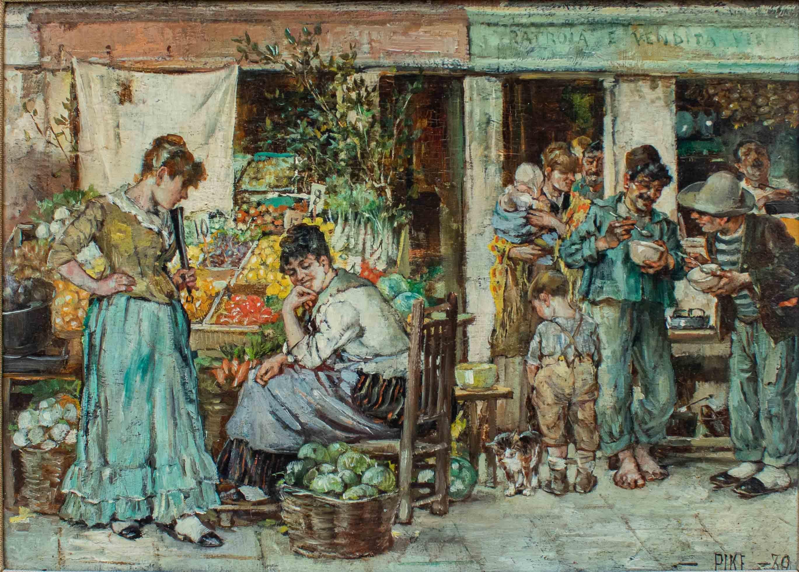 Oiled 19th Century Market Scene Painting William Henry Pike Oil on Panel