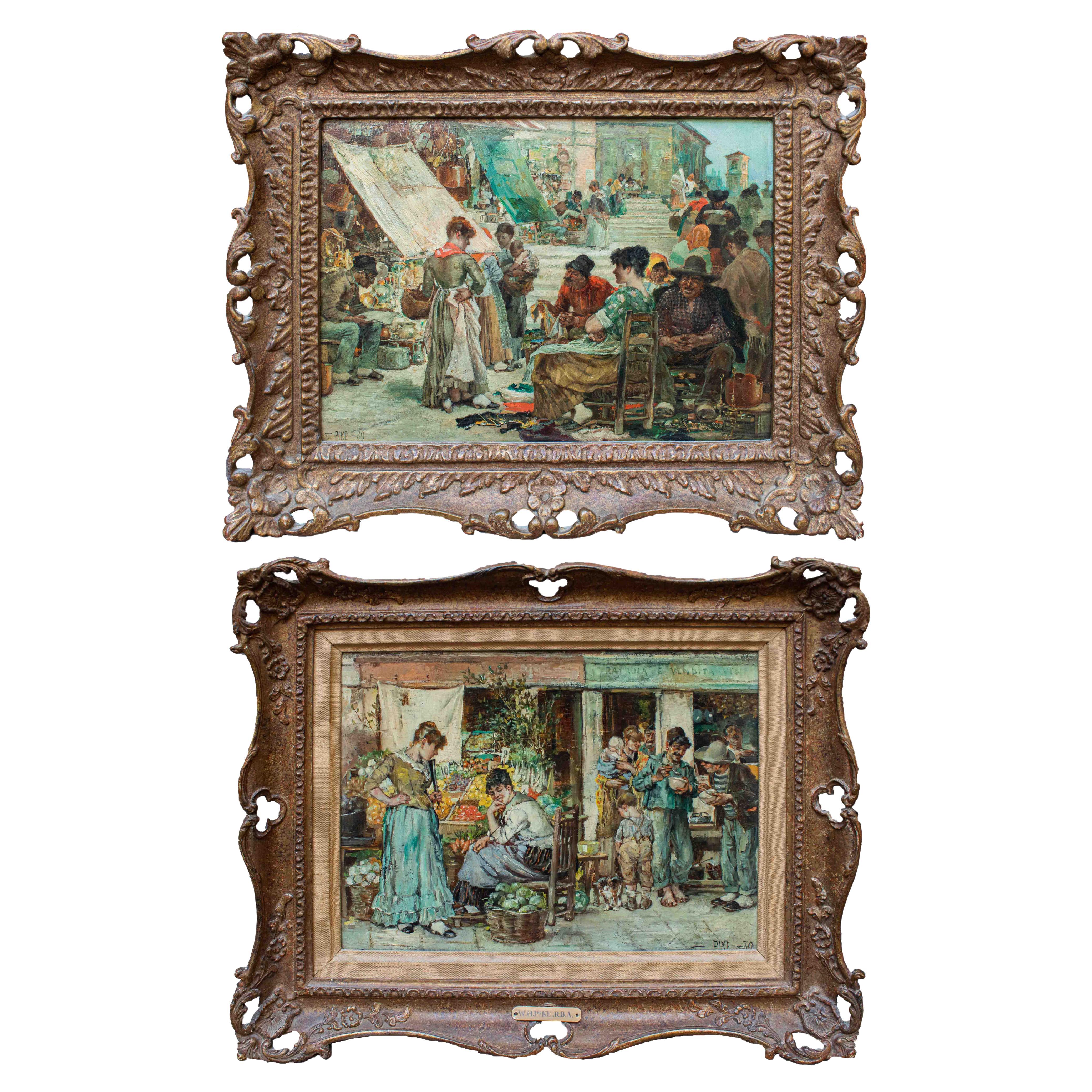 19th Century Market Scene Painting William Henry Pike Oil on Panel
