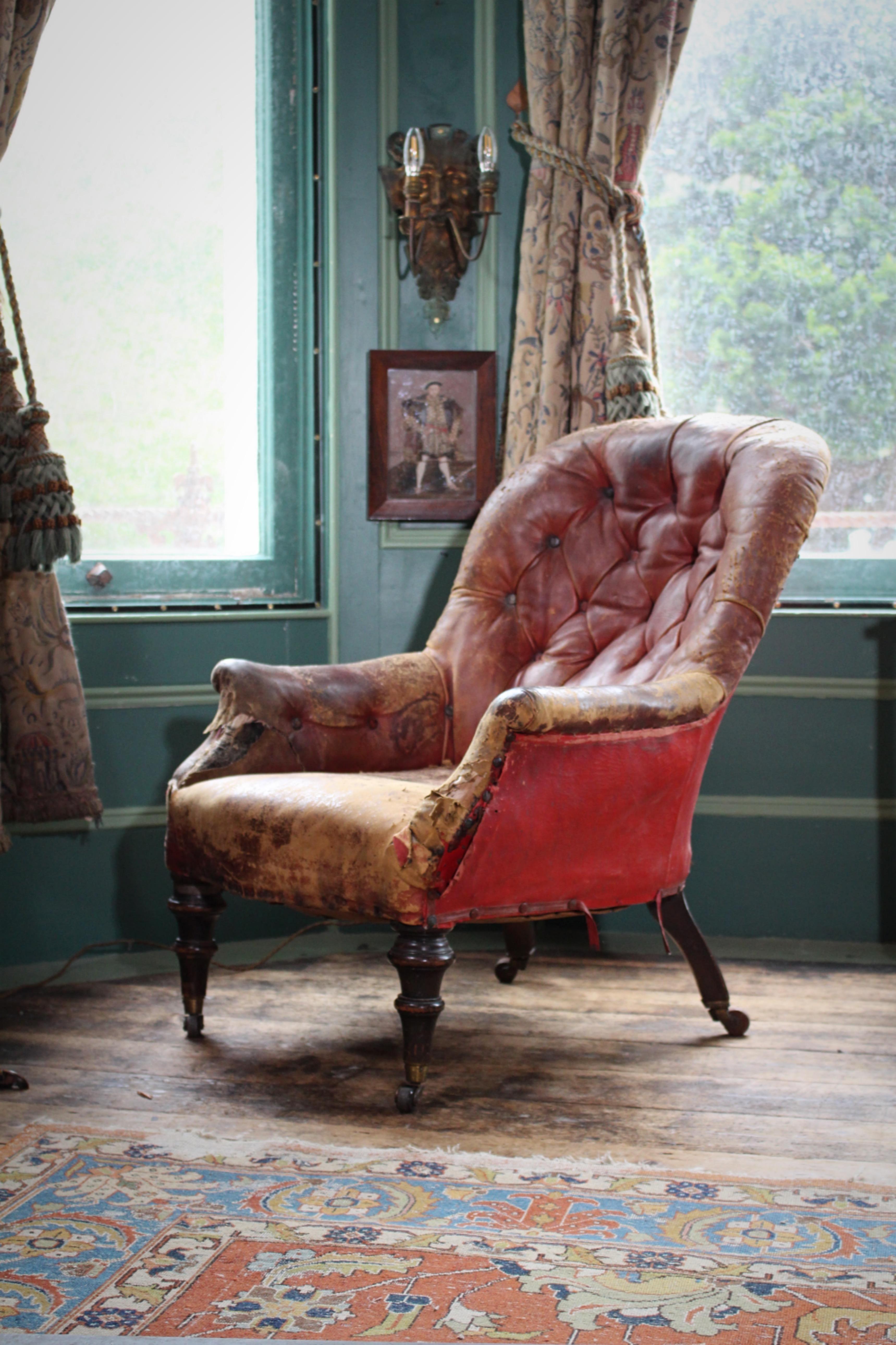 19th Century Maroon Leather Tub Chair Armchair Country House 3