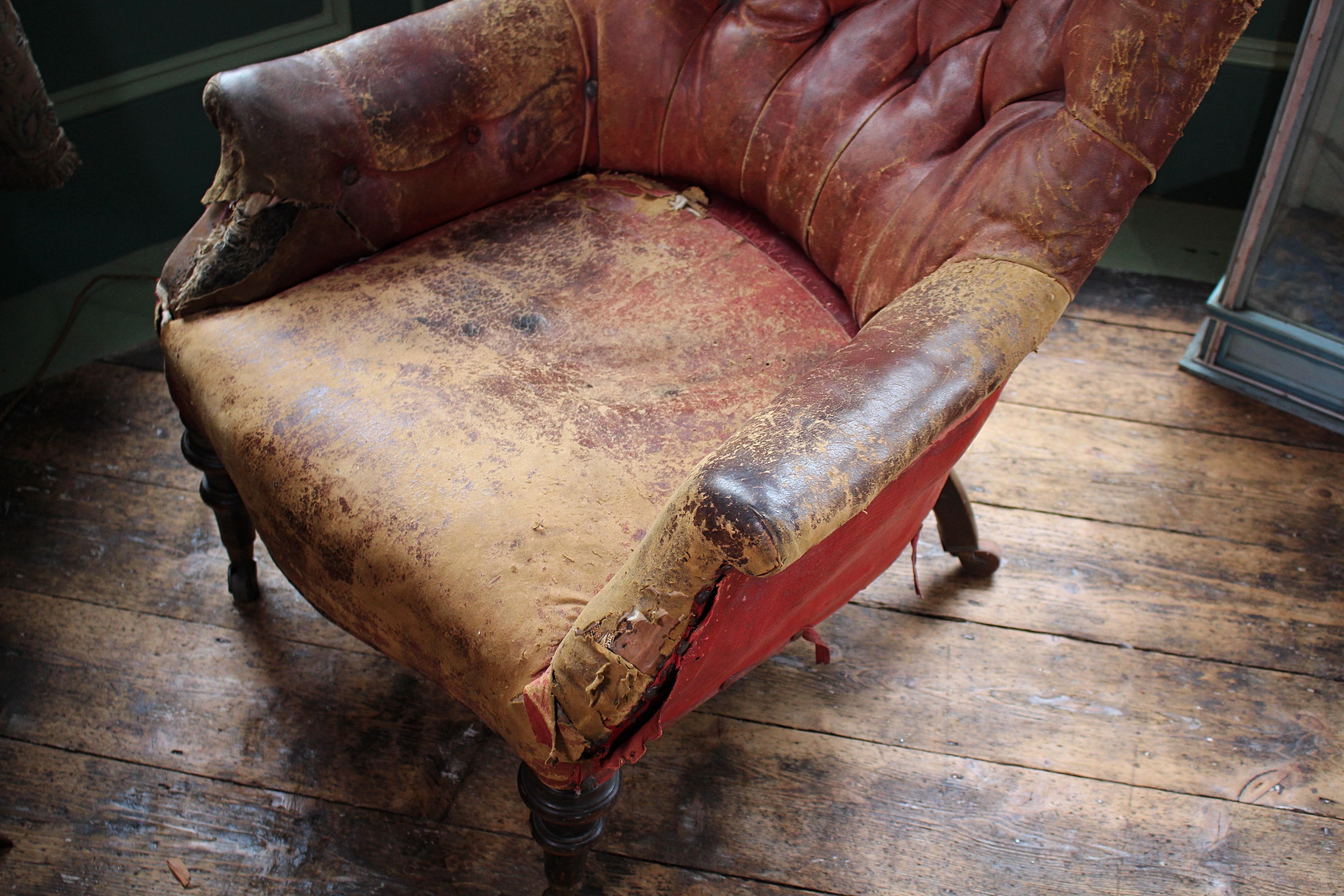 19th Century Maroon Leather Tub Chair Armchair Country House 4