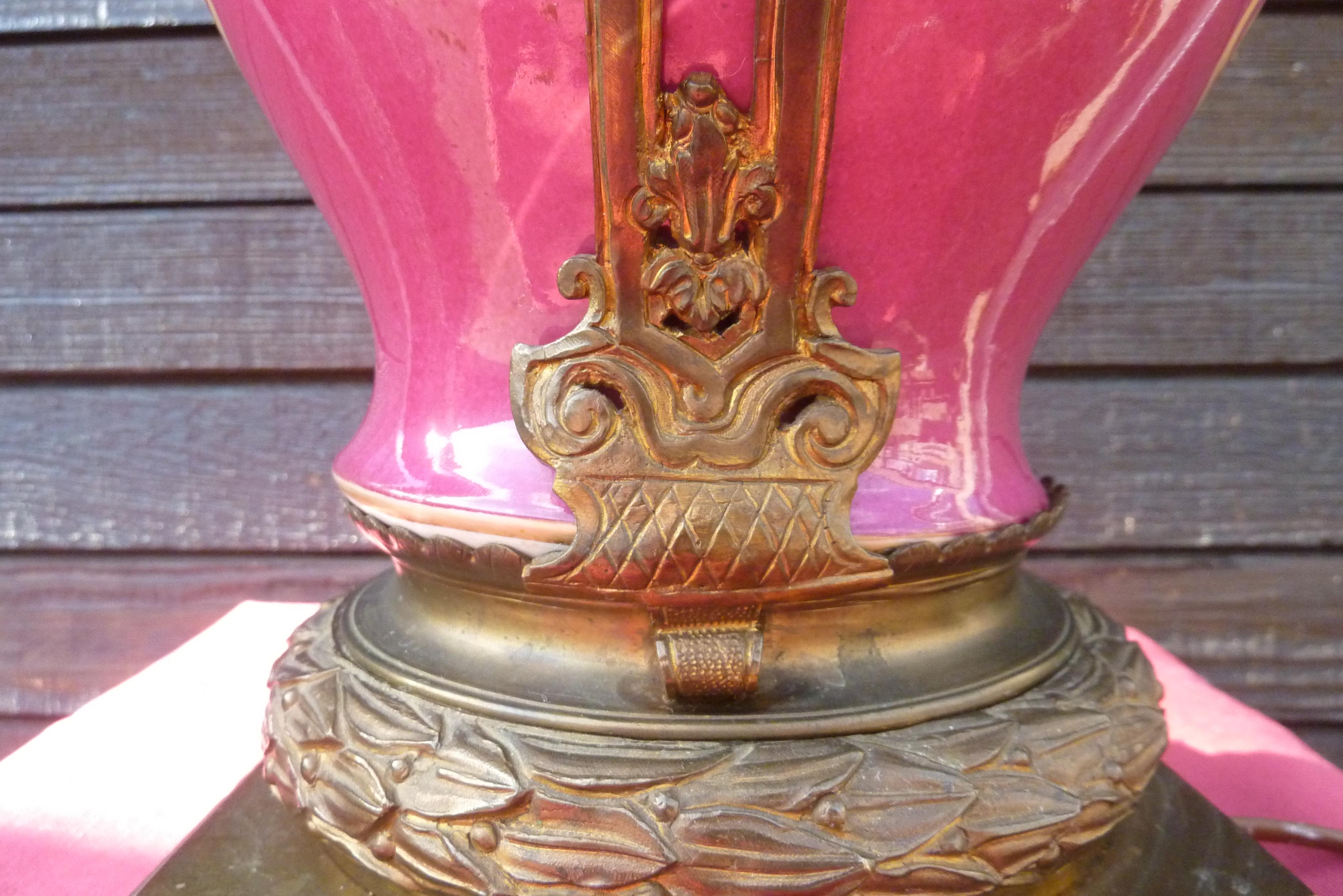 19th Century Maroon Pink Hand Painted Porcelain Lamp by Dresden For Sale 10