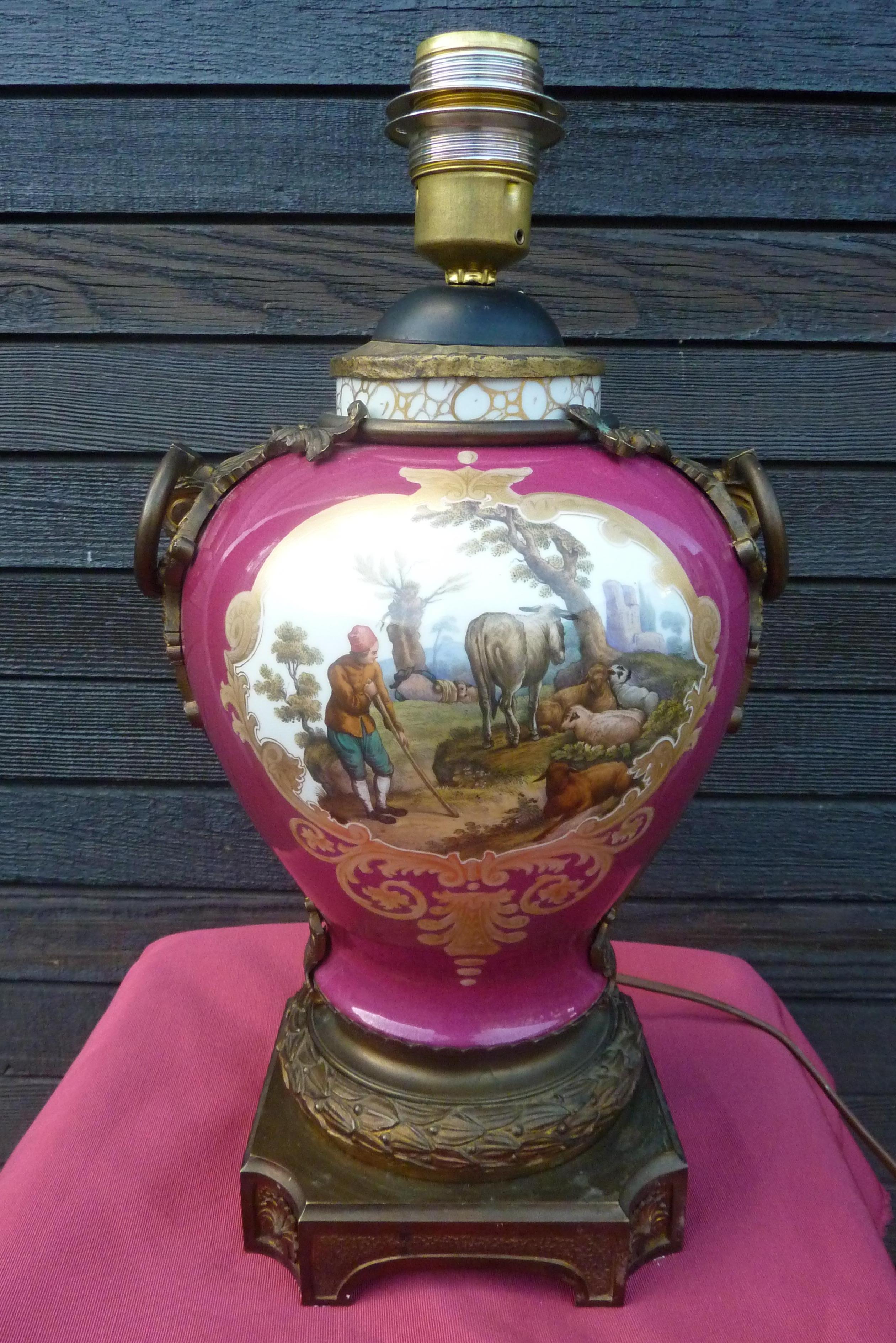 Victorian 19th Century Maroon Pink Hand Painted Porcelain Lamp by Dresden For Sale