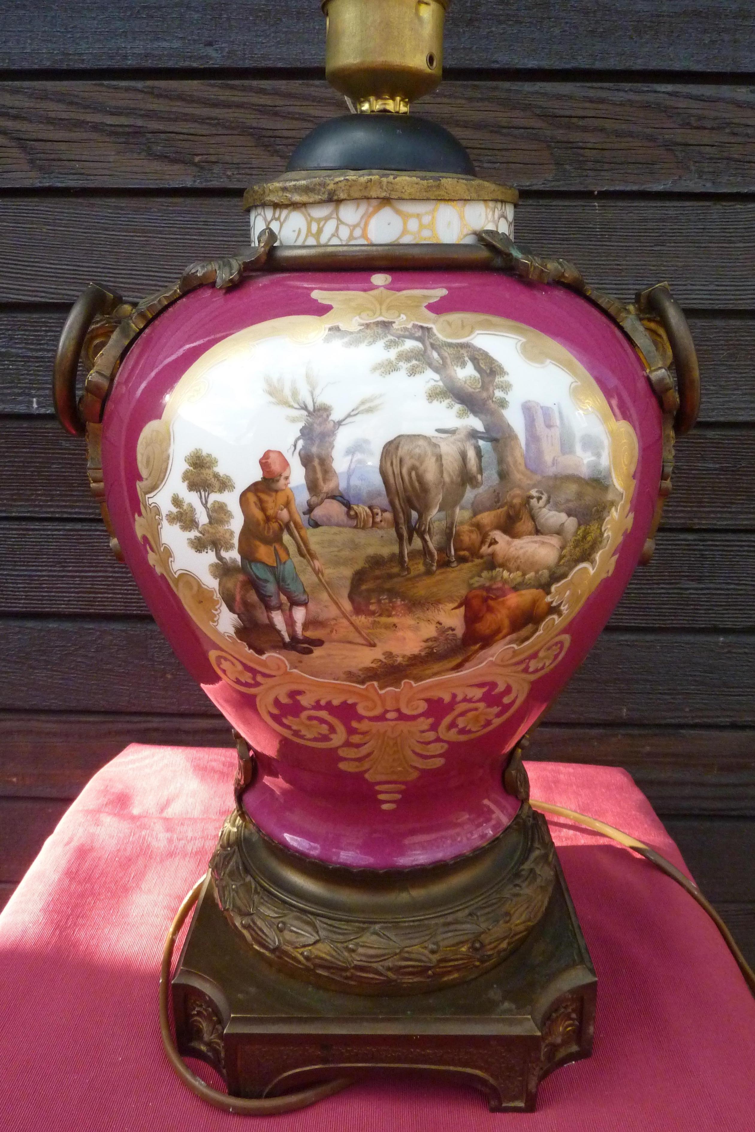 German 19th Century Maroon Pink Hand Painted Porcelain Lamp by Dresden For Sale
