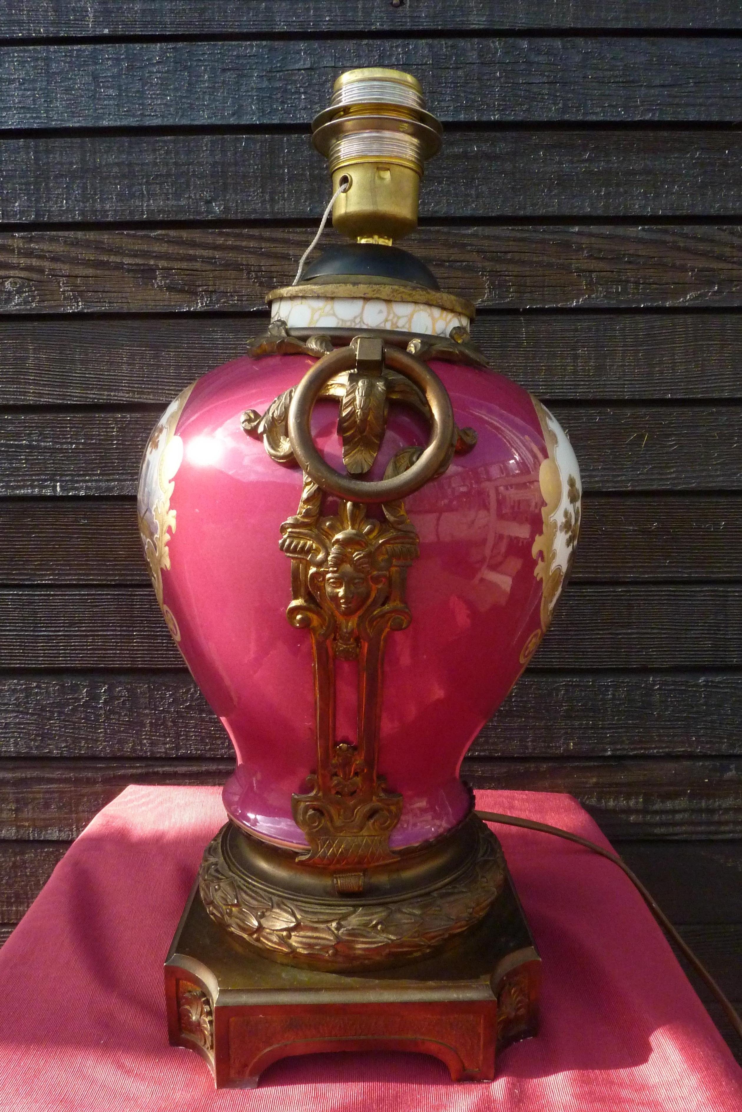 19th Century Maroon Pink Hand Painted Porcelain Lamp by Dresden For Sale 1