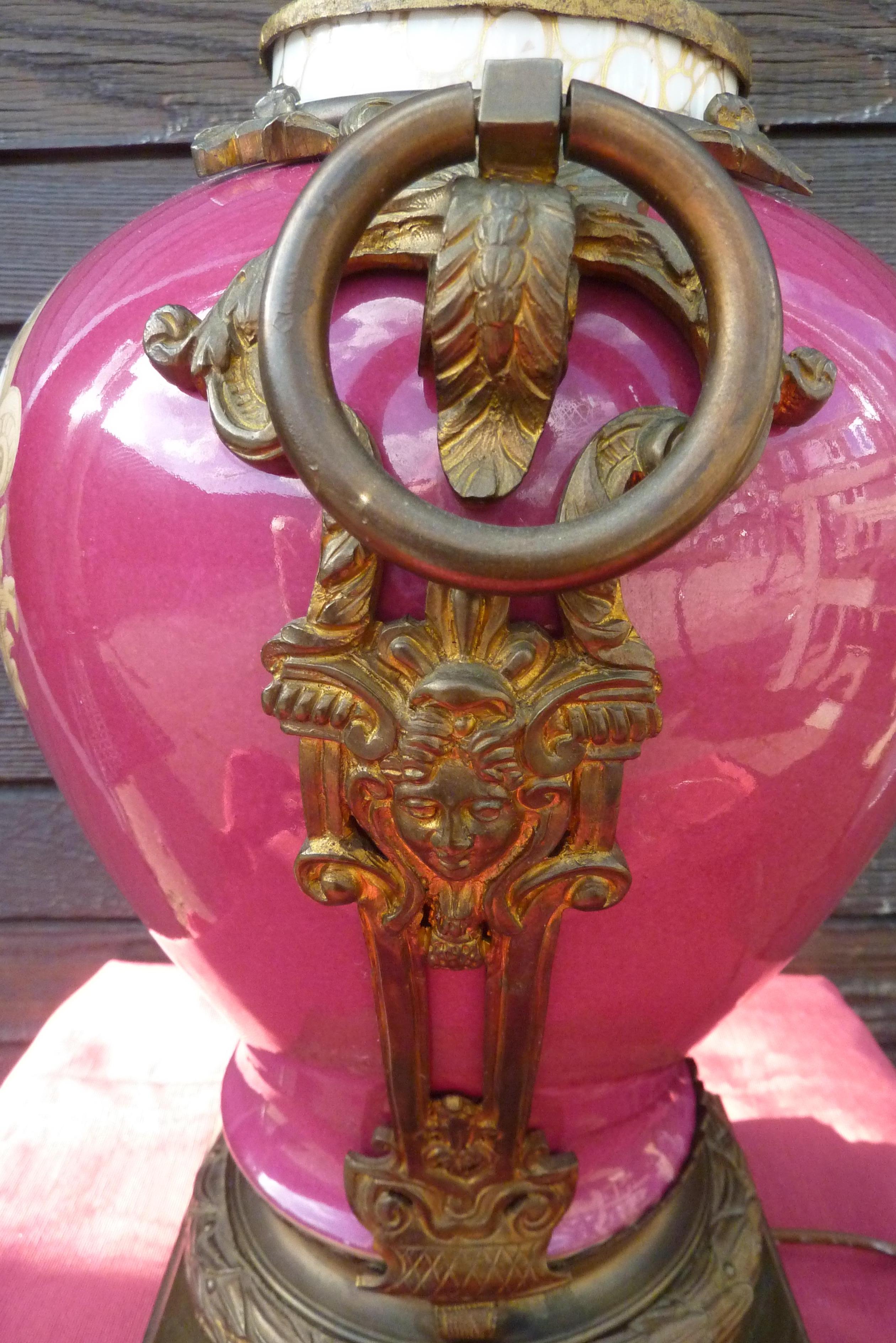 19th Century Maroon Pink Hand Painted Porcelain Lamp by Dresden For Sale 2