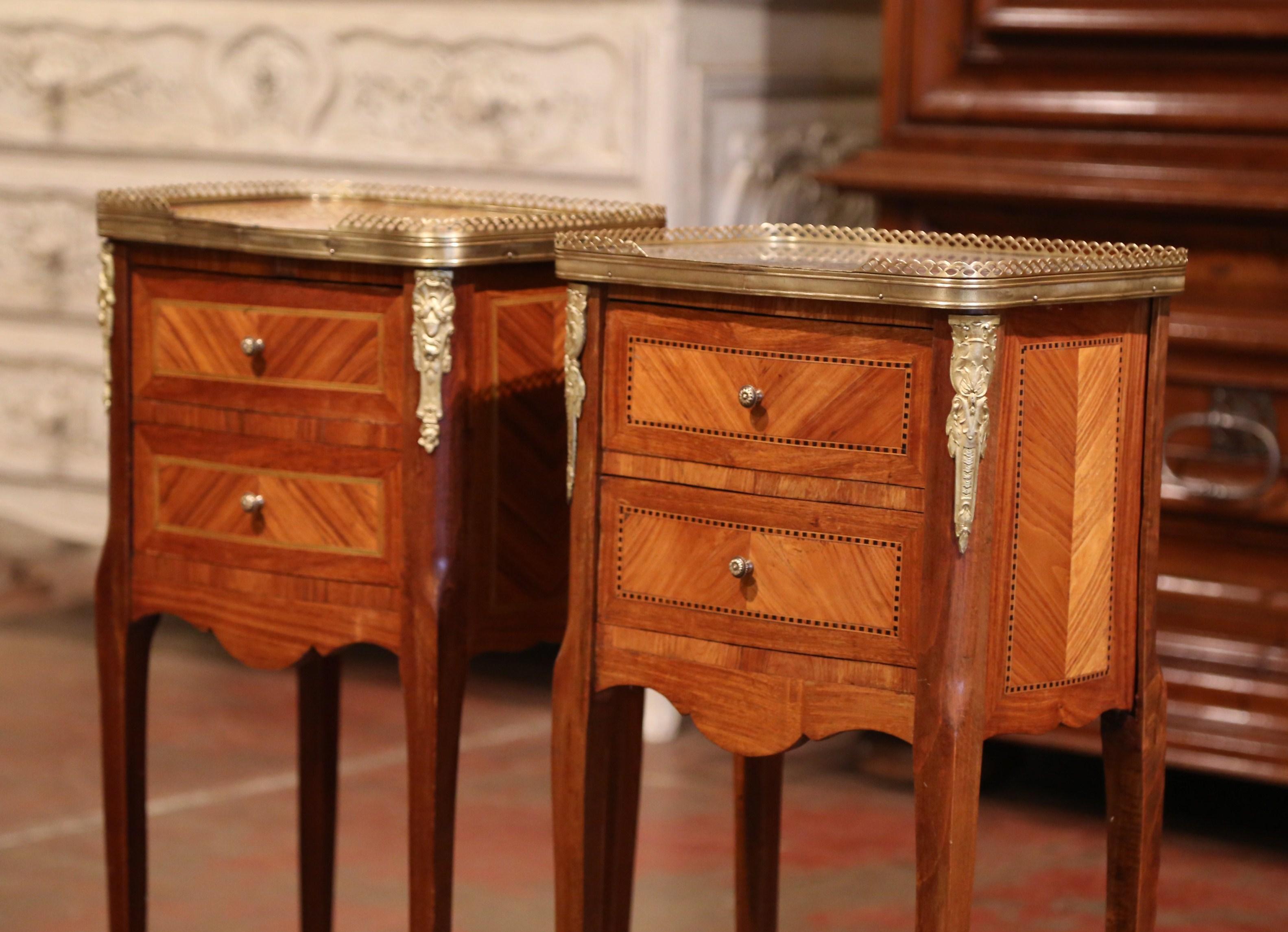 Louis XV 19th Century Marquetry and Bronze Walnut Nightstands with Marble, Set of 2
