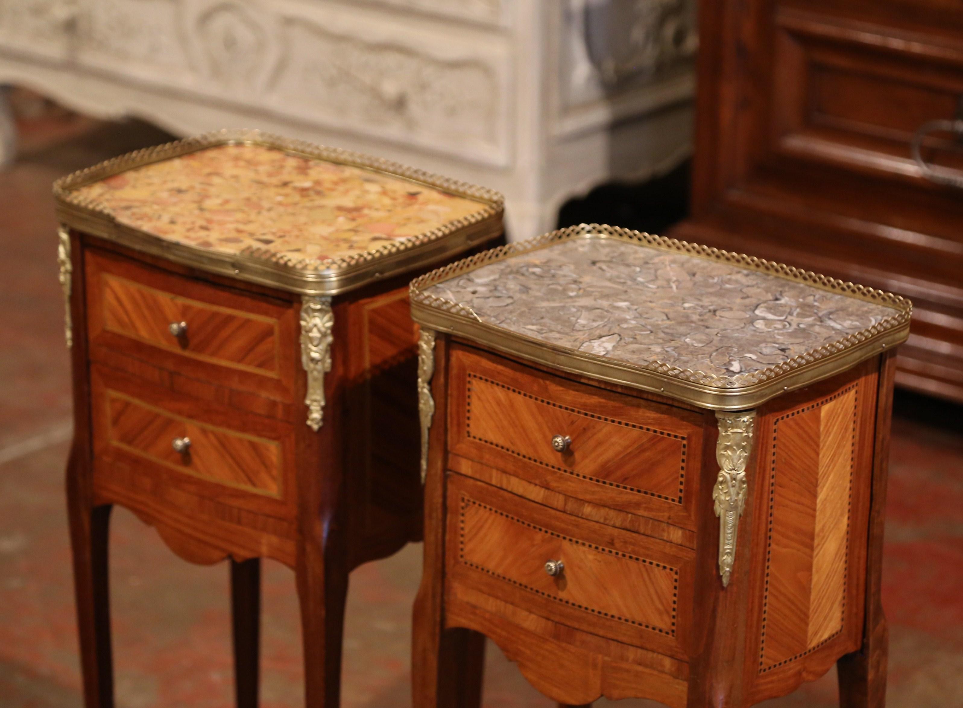 French 19th Century Marquetry and Bronze Walnut Nightstands with Marble, Set of 2