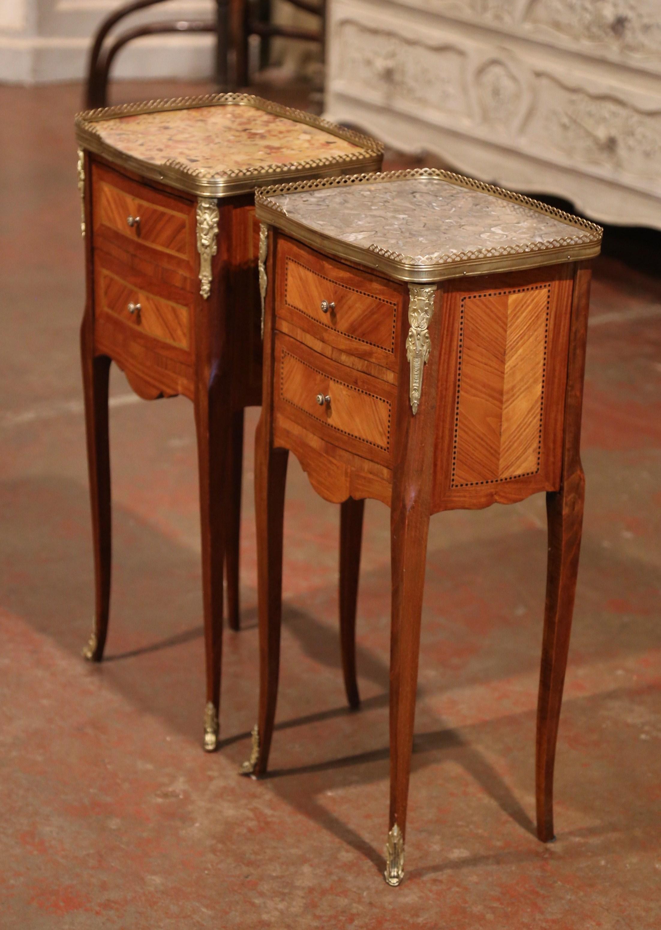 Hand-Carved 19th Century Marquetry and Bronze Walnut Nightstands with Marble, Set of 2