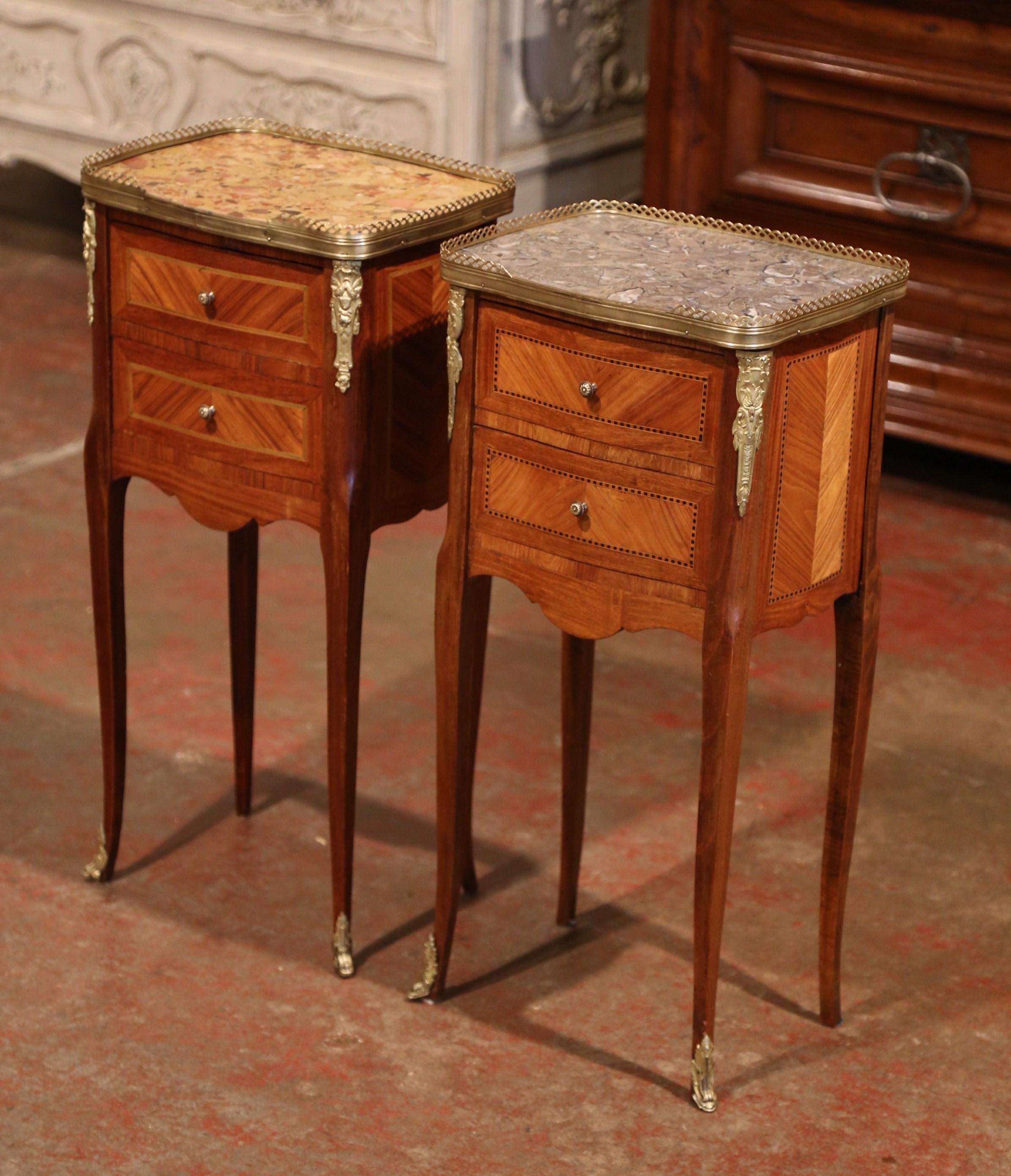 19th Century Marquetry and Bronze Walnut Nightstands with Marble, Set of 2 1