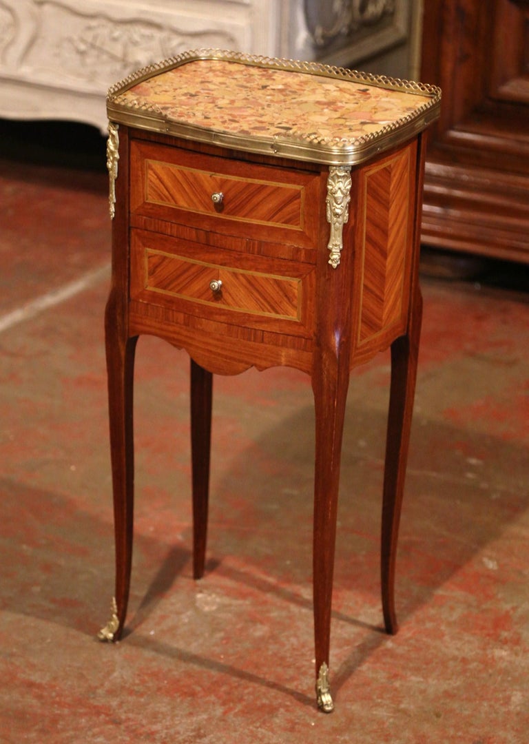 19th Century Marquetry and Bronze Walnut Nightstands with Marble, Set
