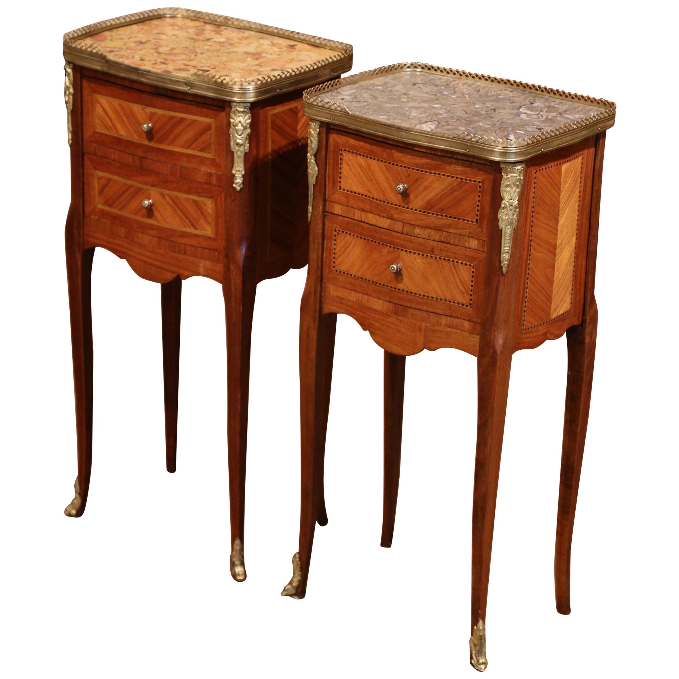 19th Century Marquetry and Bronze Walnut Nightstands with Marble, Set of 2