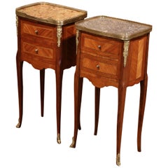 Antique 19th Century Marquetry and Bronze Walnut Nightstands with Marble, Set of 2