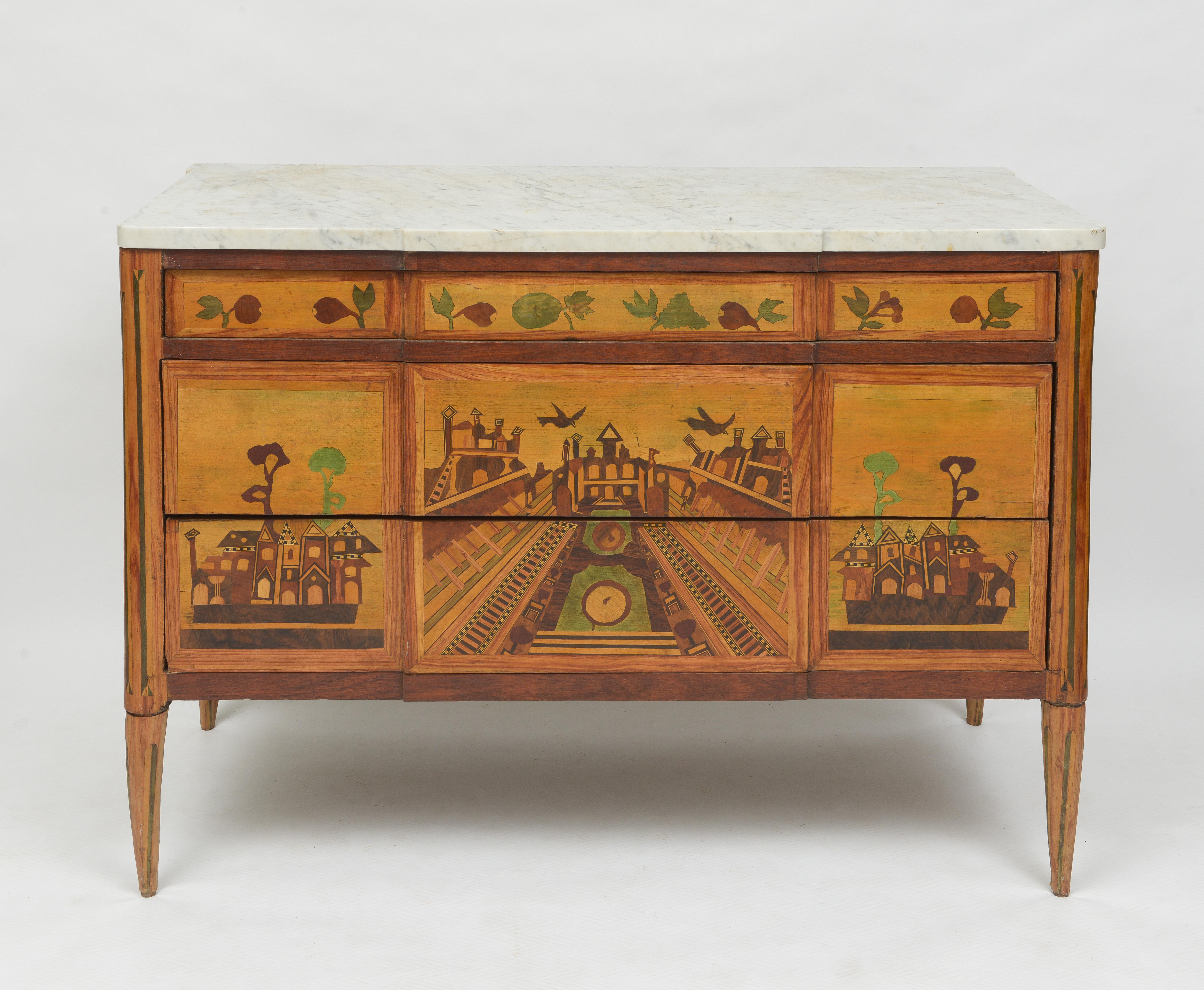 Extremely unusual three drawer French chest
Beautifully drawn inlays of figs, grapes and pottery
Design has a surrealistic feel to it
Obviously and artist depiction of a town
Finished with a marble top and supported by inlayed turned legs