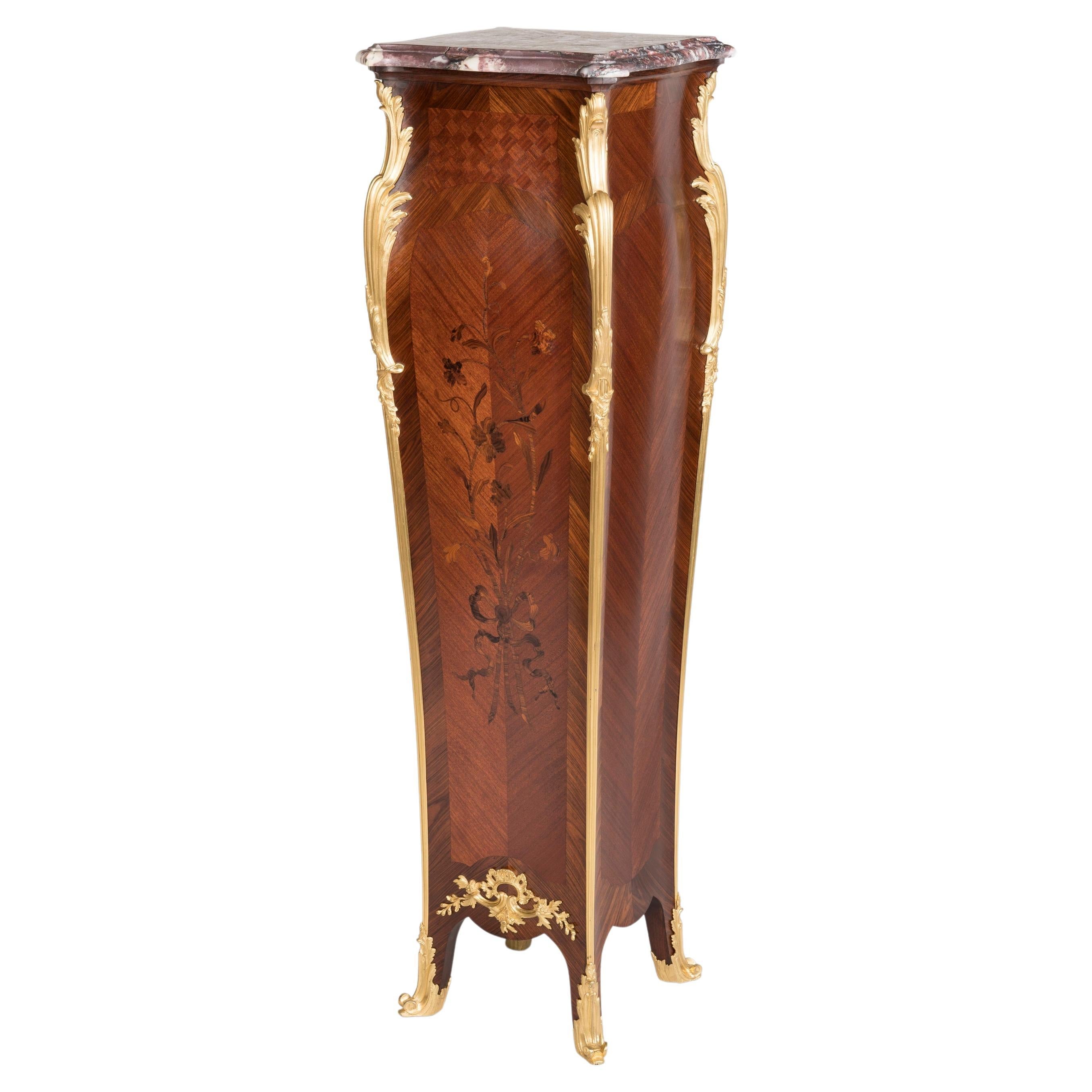 19th Century Marquetry Inlaid Bombé Pedestal in the Louis XV Style by Millet For Sale