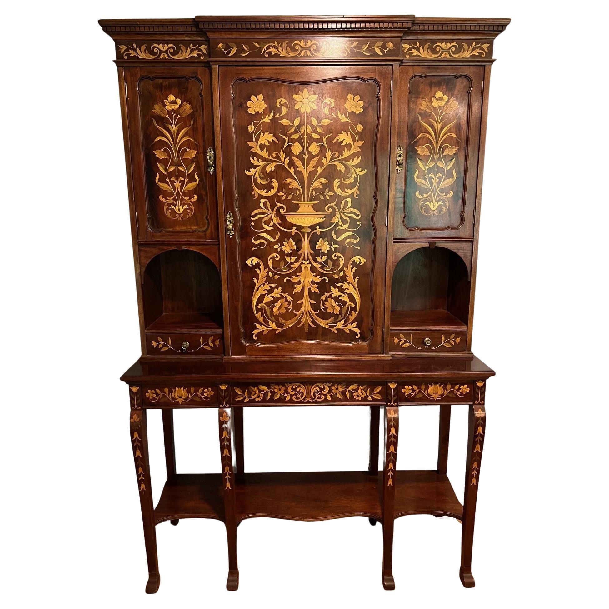 19th Century Marquetry Inlaid Cabinet 3 Door 3 Drawer