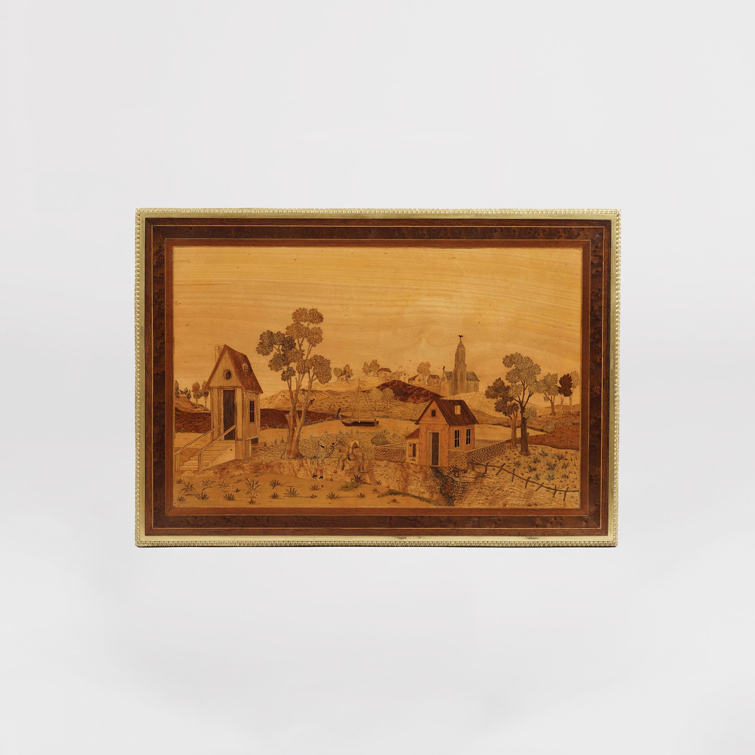 Französischer Beistelltisch mit Intarsien, der eine Landschaft aus Holzmustern darstellt, 19. Jahrhundert (Vergoldet) im Angebot