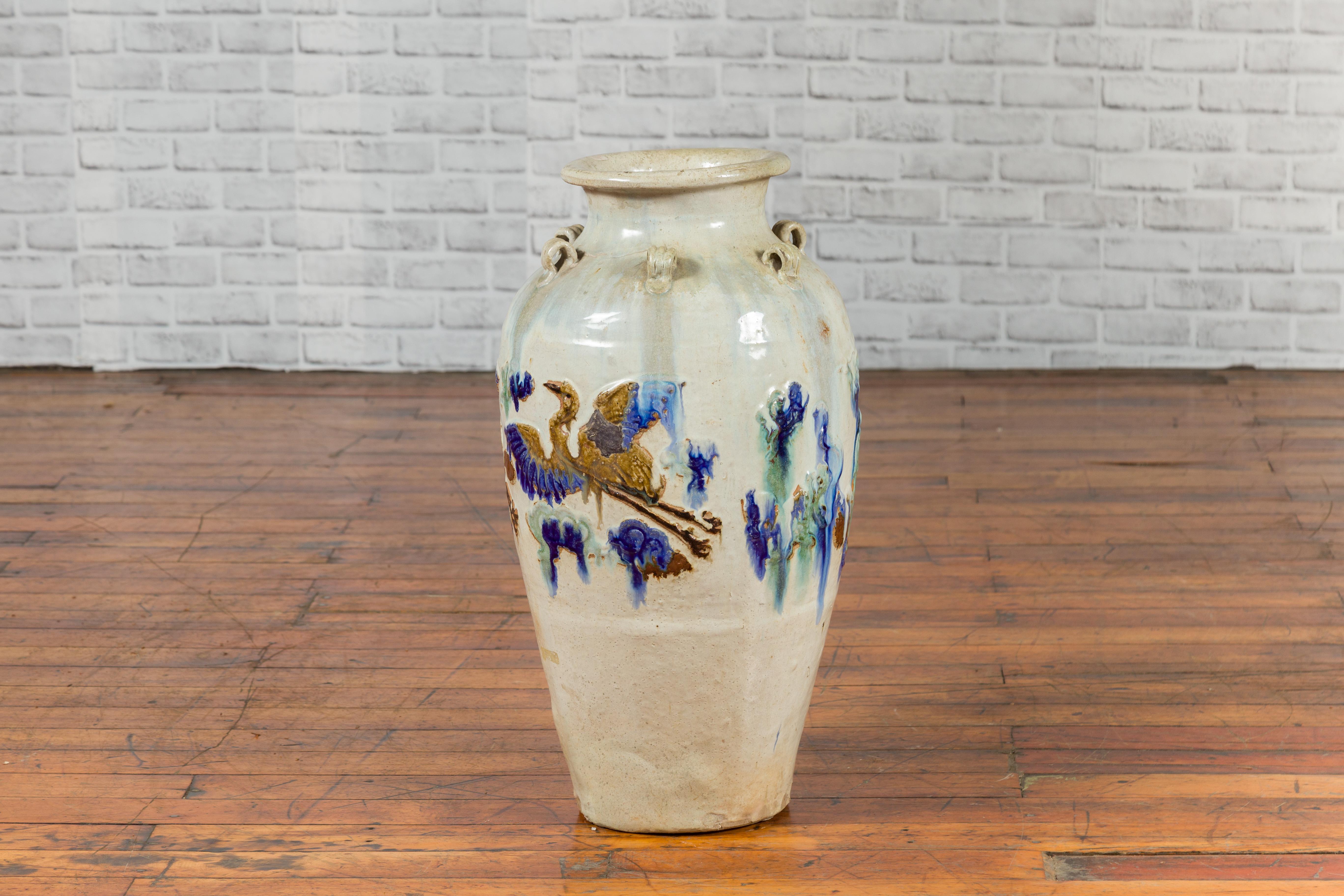 19th Century Martaban Vase with Blue, Green and Brown Bird Motifs and Loops 5