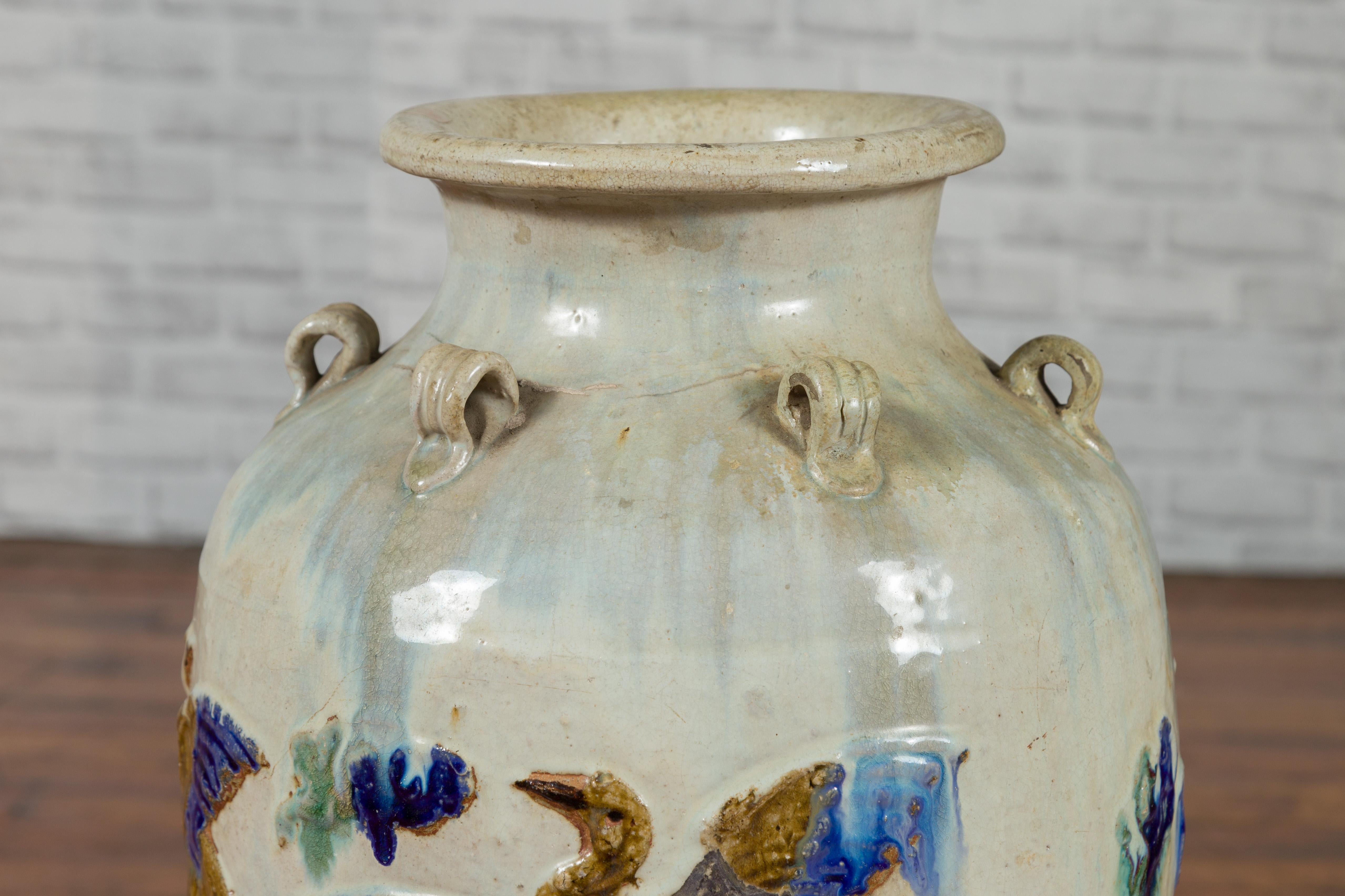 Ceramic 19th Century Martaban Vase with Blue, Green and Brown Bird Motifs and Loops