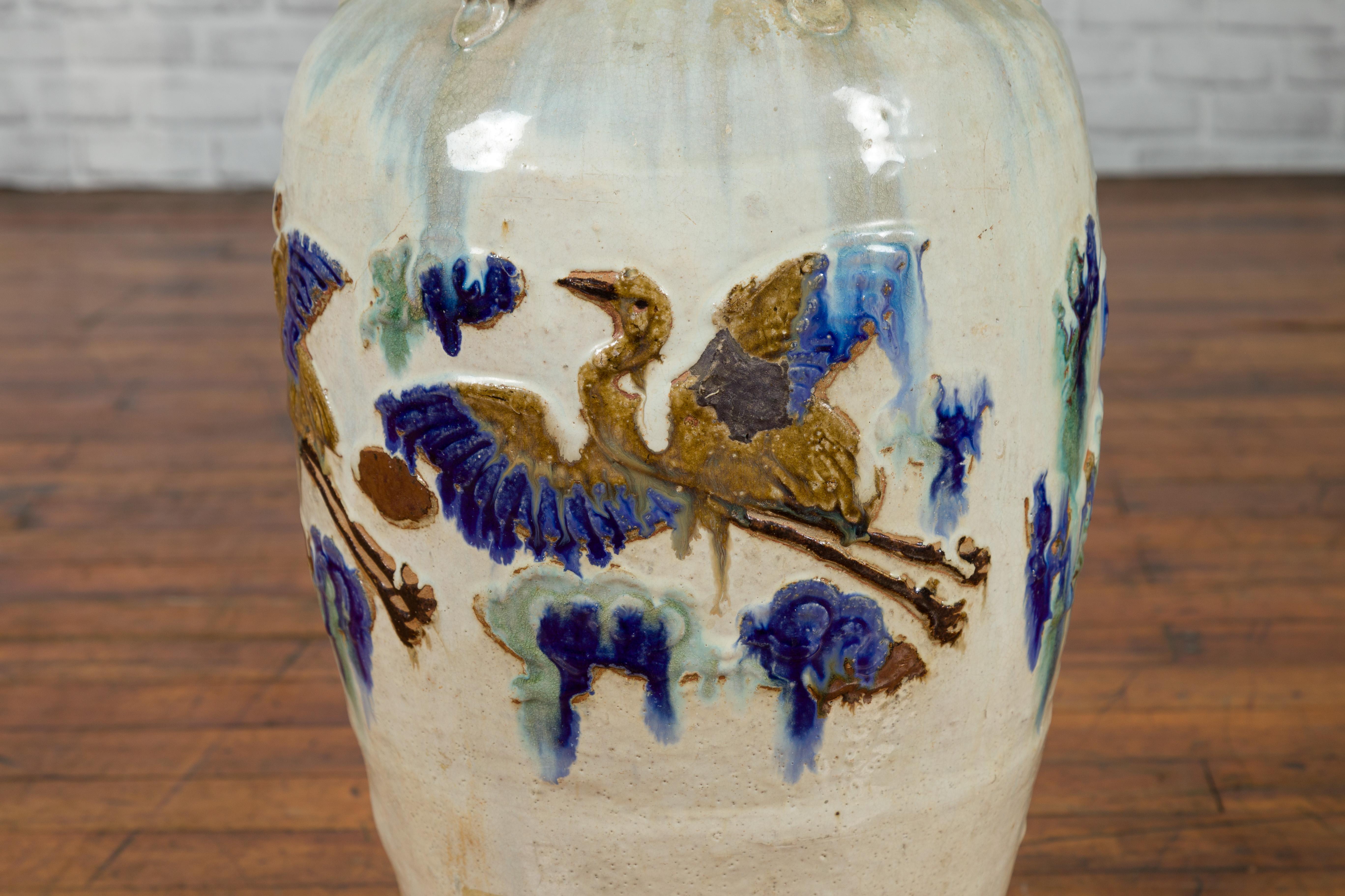 19th Century Martaban Vase with Blue, Green and Brown Bird Motifs and Loops 1