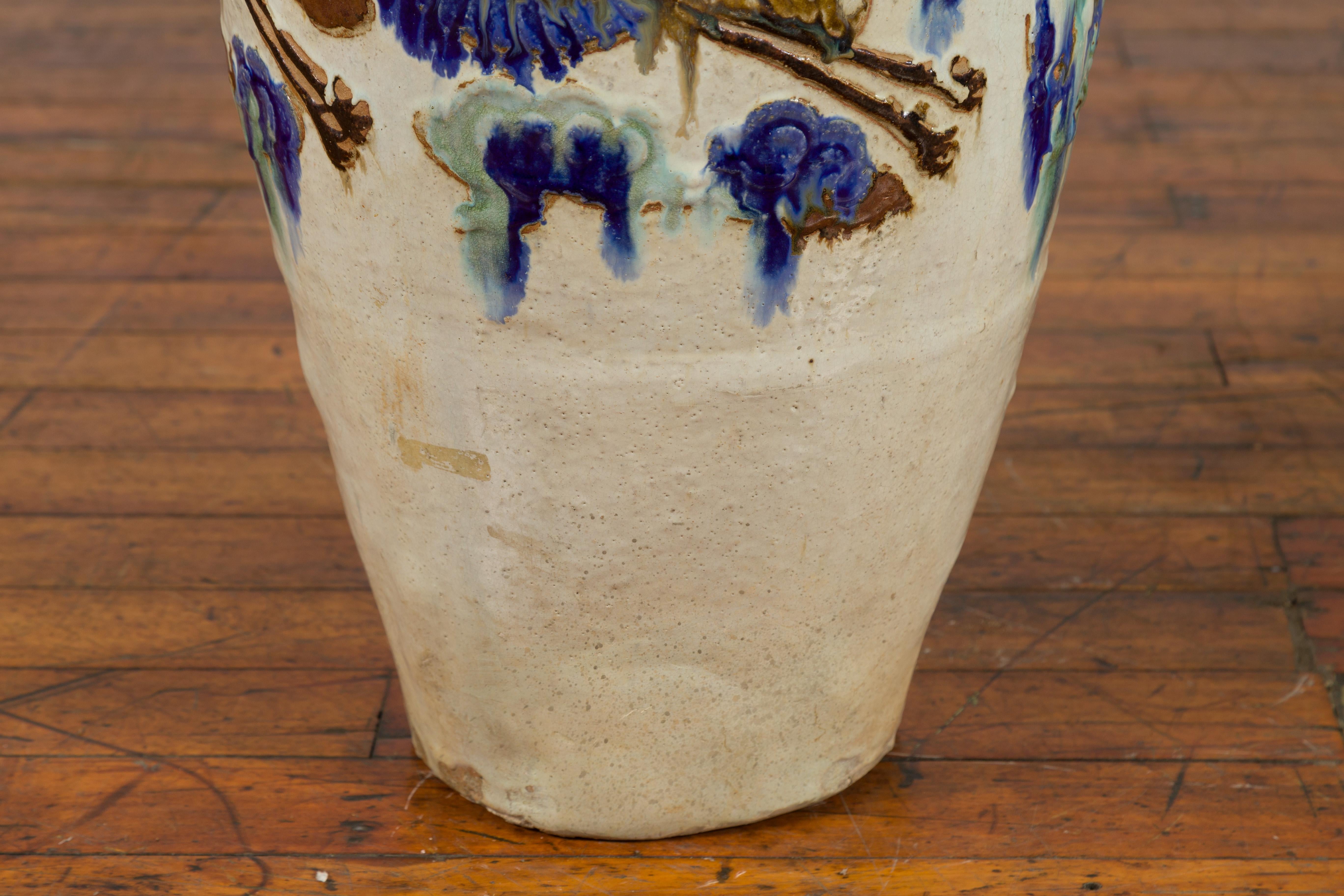 19th Century Martaban Vase with Blue, Green and Brown Bird Motifs and Loops 2