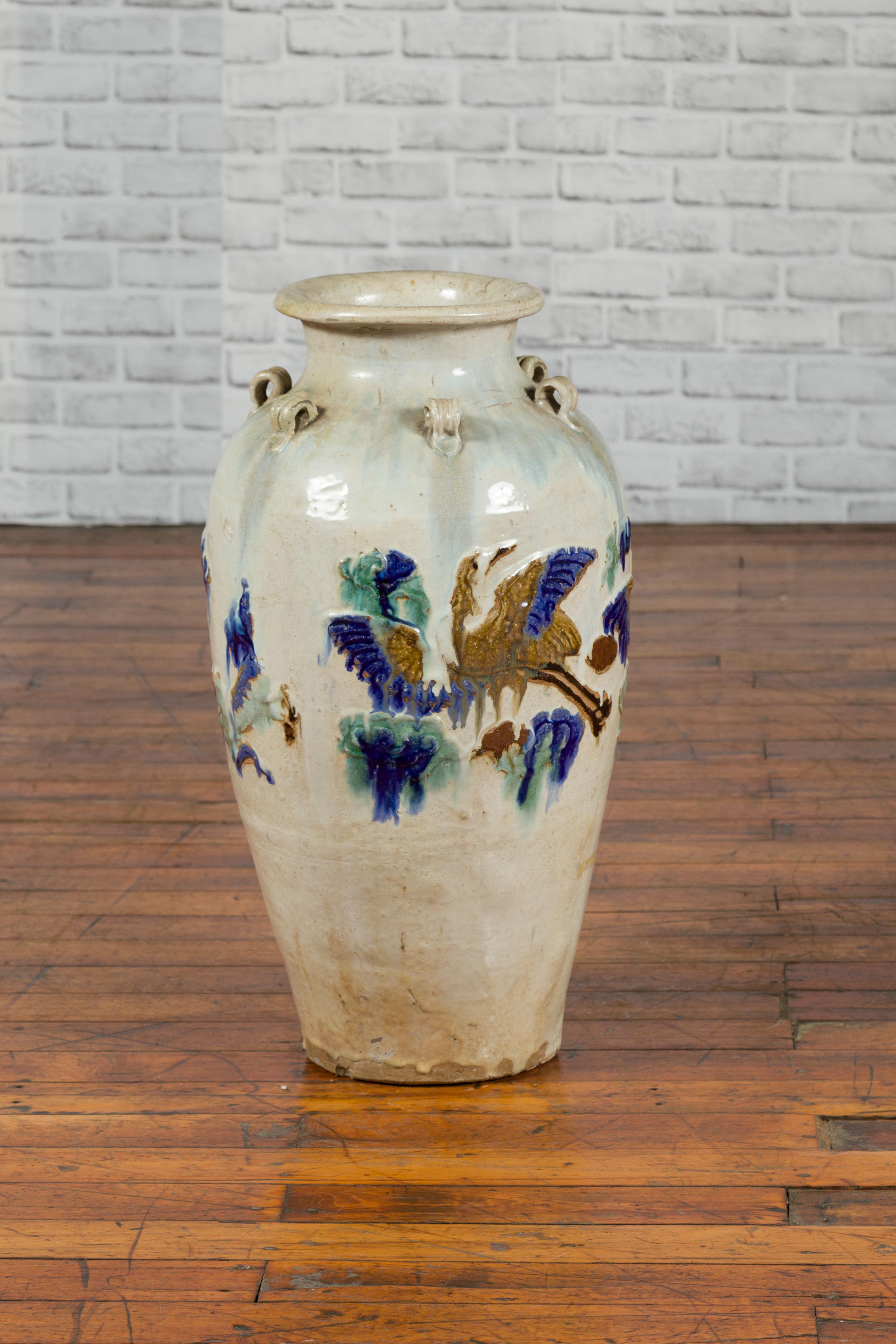 19th Century Martaban Vase with Blue, Green and Brown Bird Motifs and Loops 3