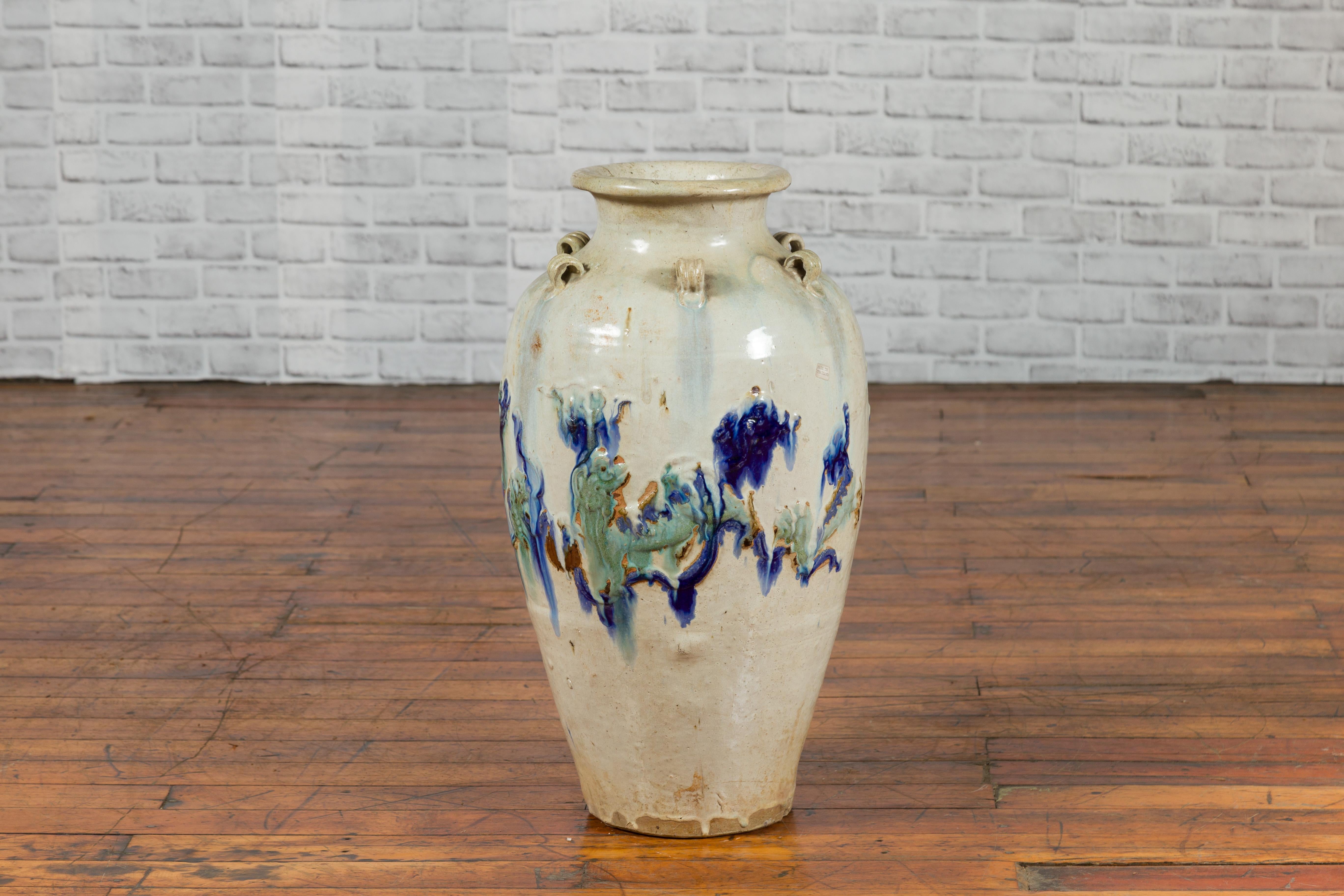 19th Century Martaban Vase with Blue, Green and Brown Bird Motifs and Loops 4