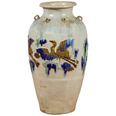 19th Century Martaban Vase with Blue, Green and Brown Bird Motifs and Loops