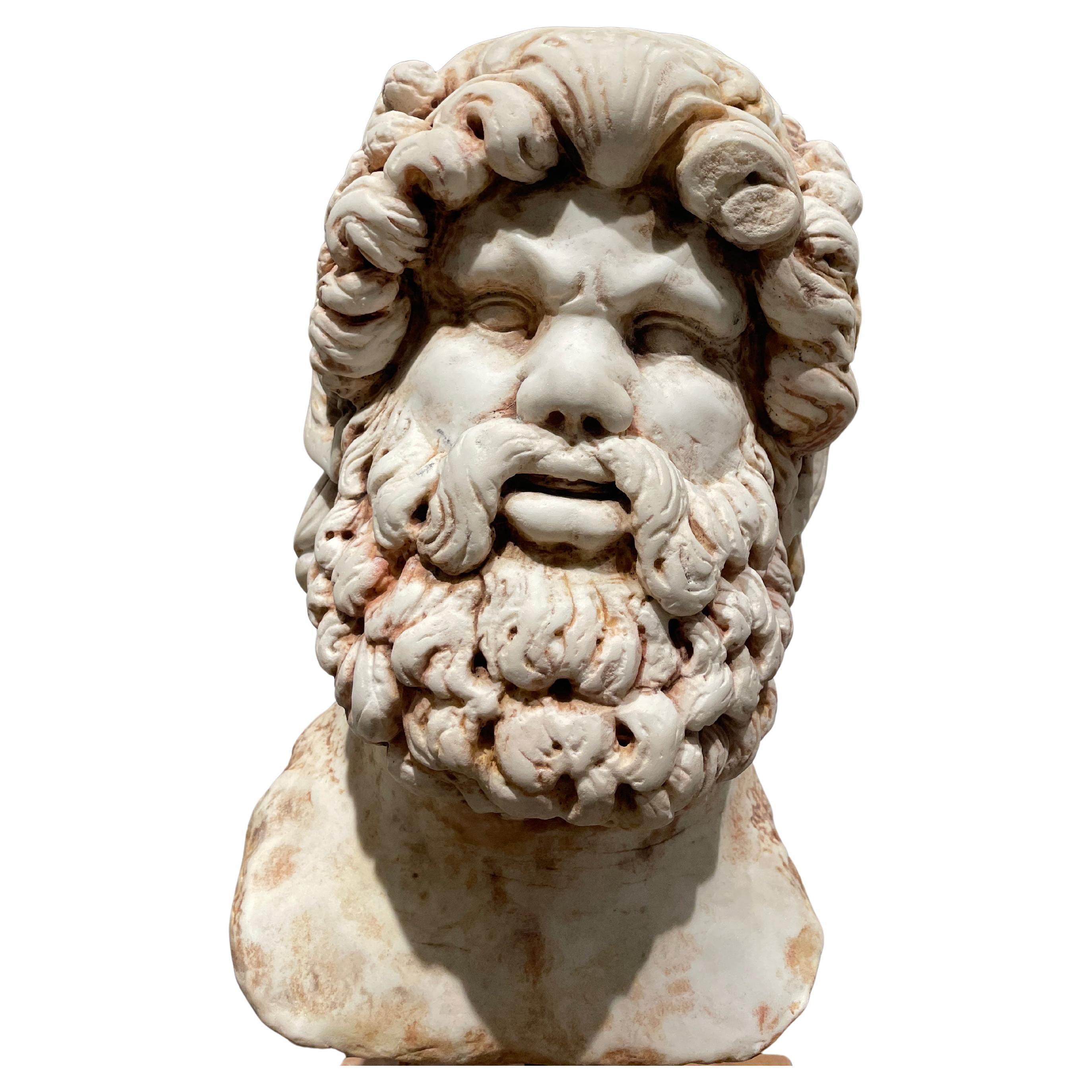19th Century Hand-Carved Askelpios Bust in White Carrara Marble, Italy For Sale