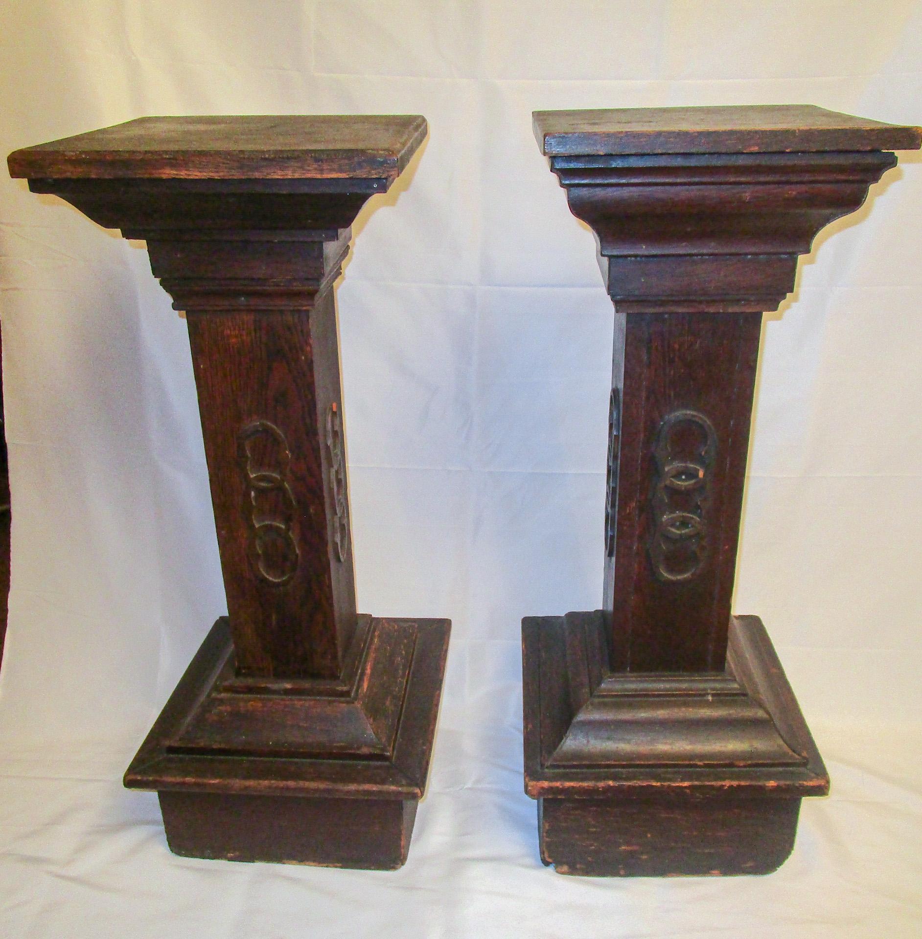 Carved Odd Fellows Wooden Pedestal Pair 19th c For Sale