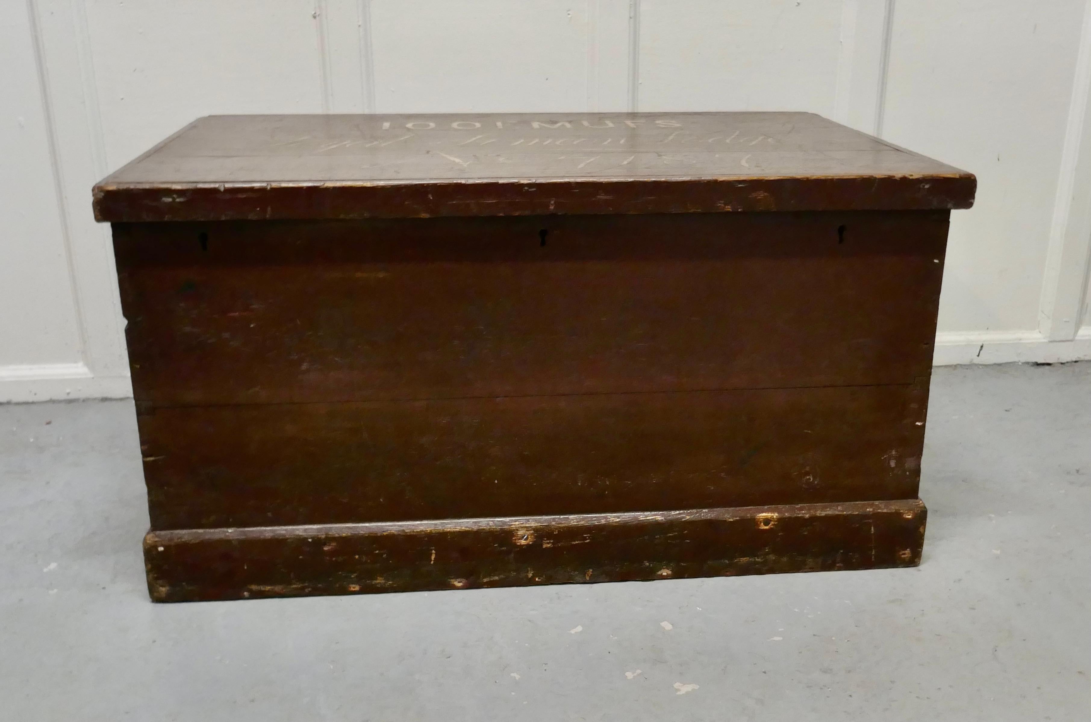 19th Century Masonic Pine Chest 

This is a best quality box, it has an original painted finish with the Loge details painted in script on the top 

The interior is clean, the box is in good used condition blacksmith made strap hinges and carrying