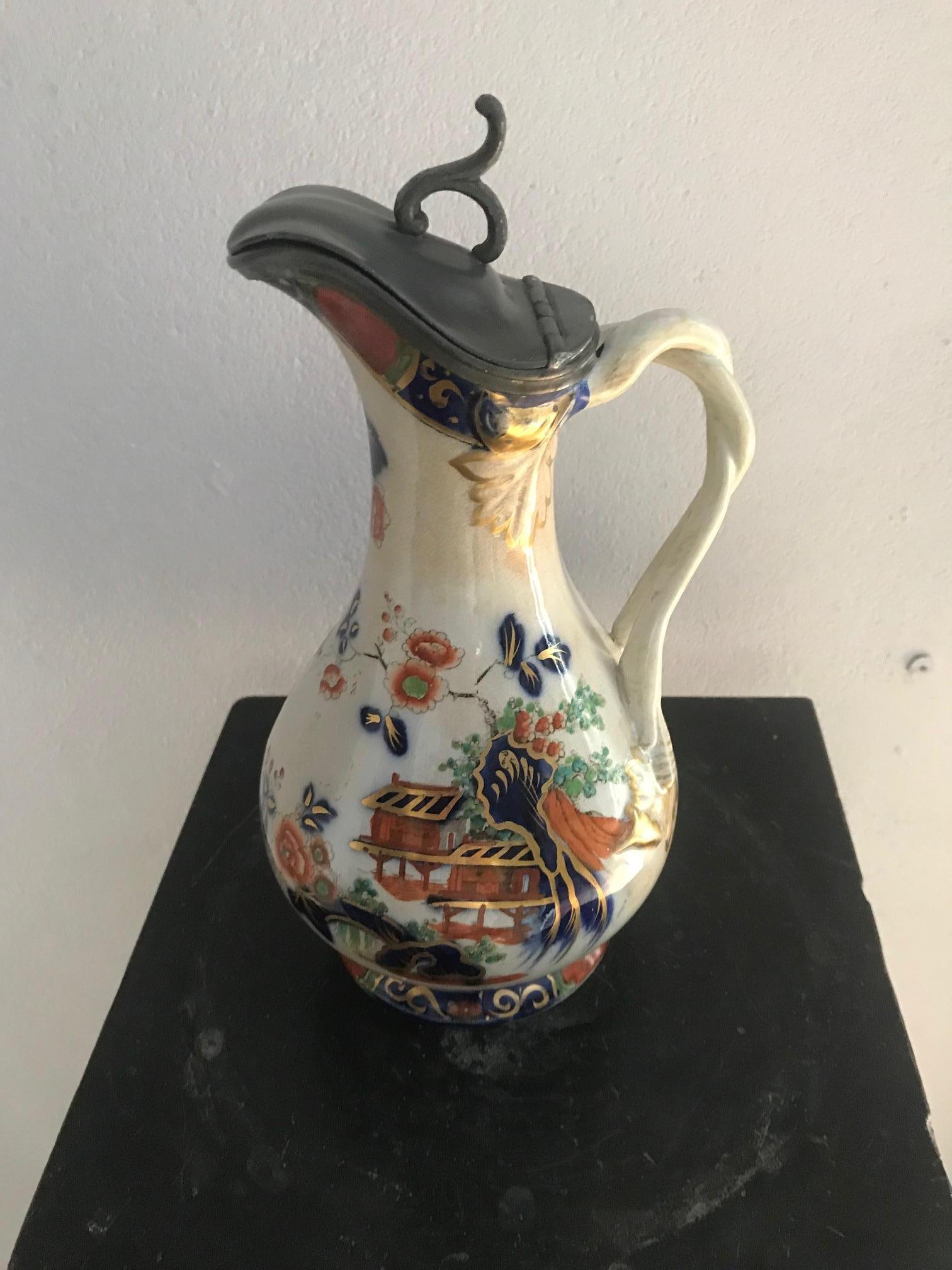 Victorian 19th Century Masons Stoneware and Pewter Jug Pitcher For Sale