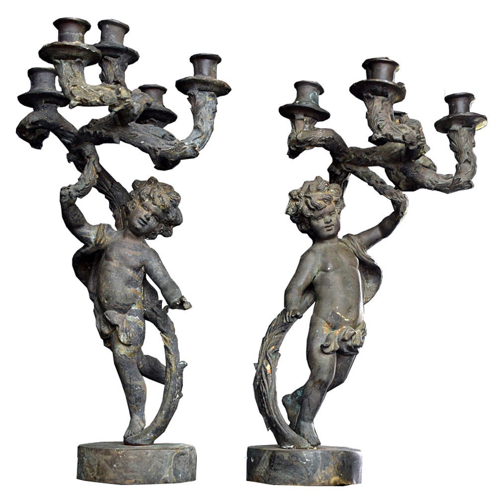 19th Century Matched Pair Bronze Putti Candelabras