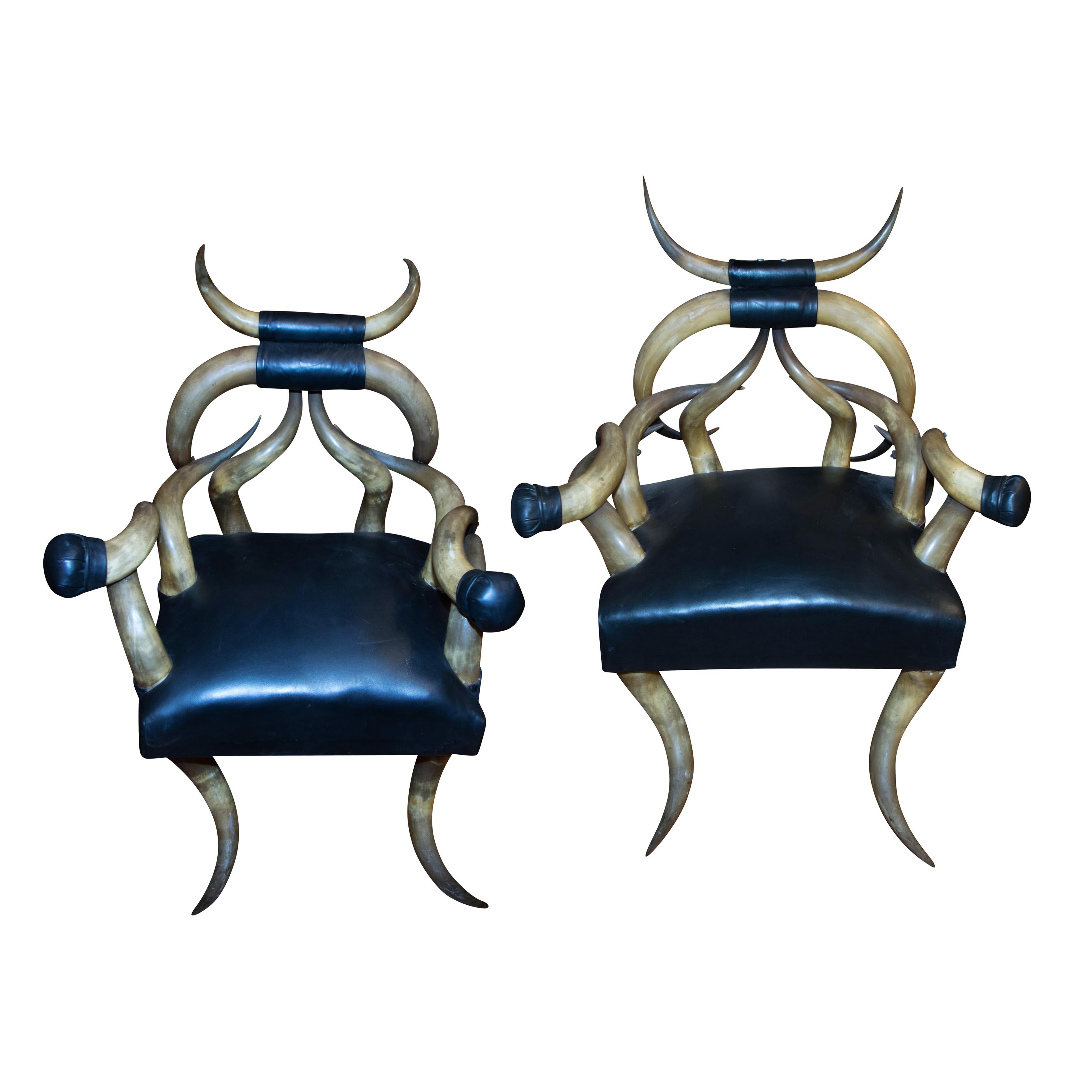 Hand-Crafted 19th Century Matched Pair Massive Steer Horn Chairs For Sale