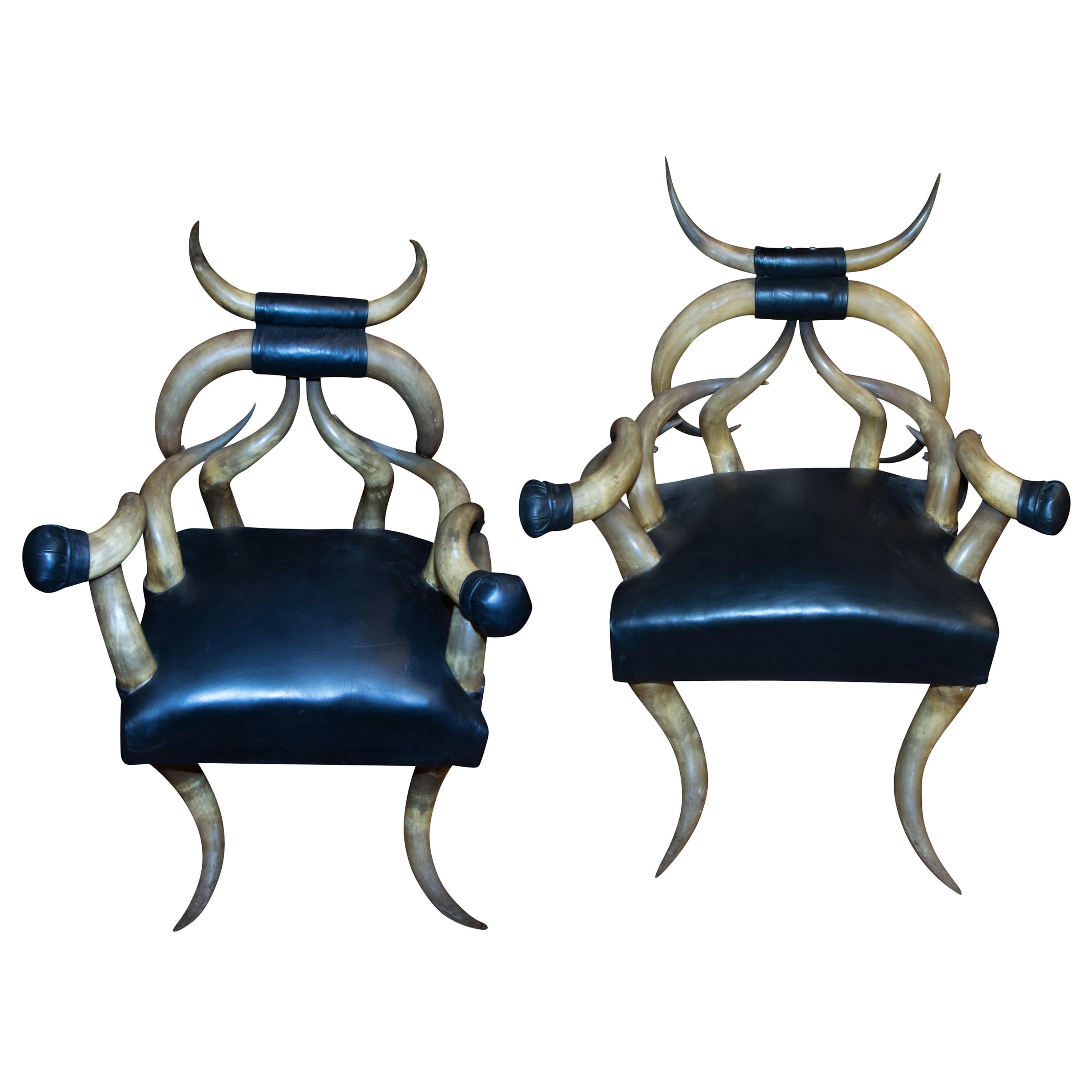 19th Century Matched Pair Massive Steer Horn Chairs For Sale