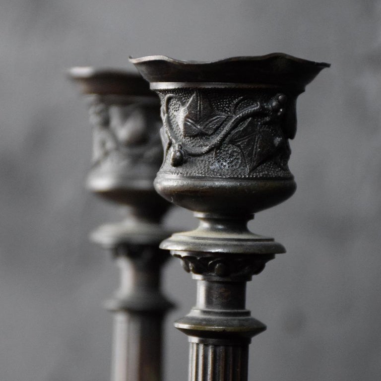 19th Century Matched Pair of Bronze Candle Sticks For Sale 4