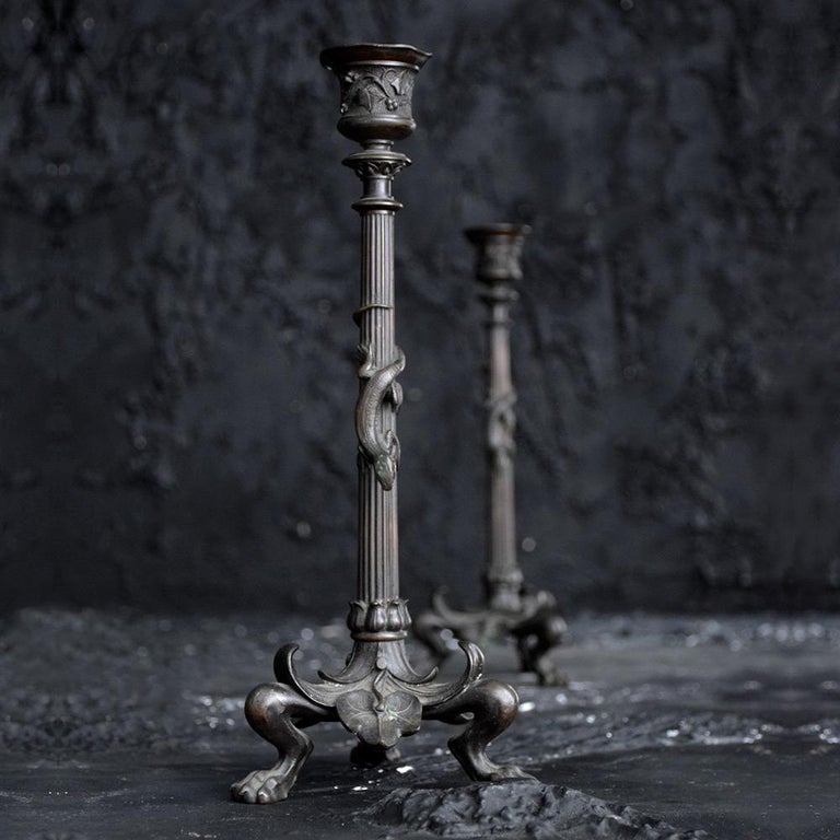 Hand-Crafted 19th Century Matched Pair of Bronze Candle Sticks For Sale