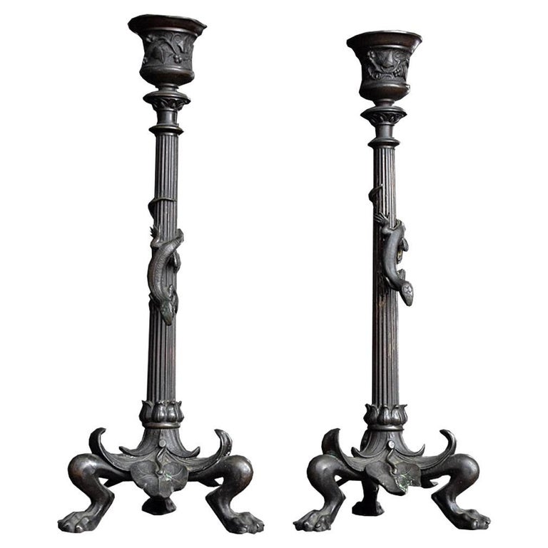 19th Century Matched Pair of Bronze Candle Sticks For Sale