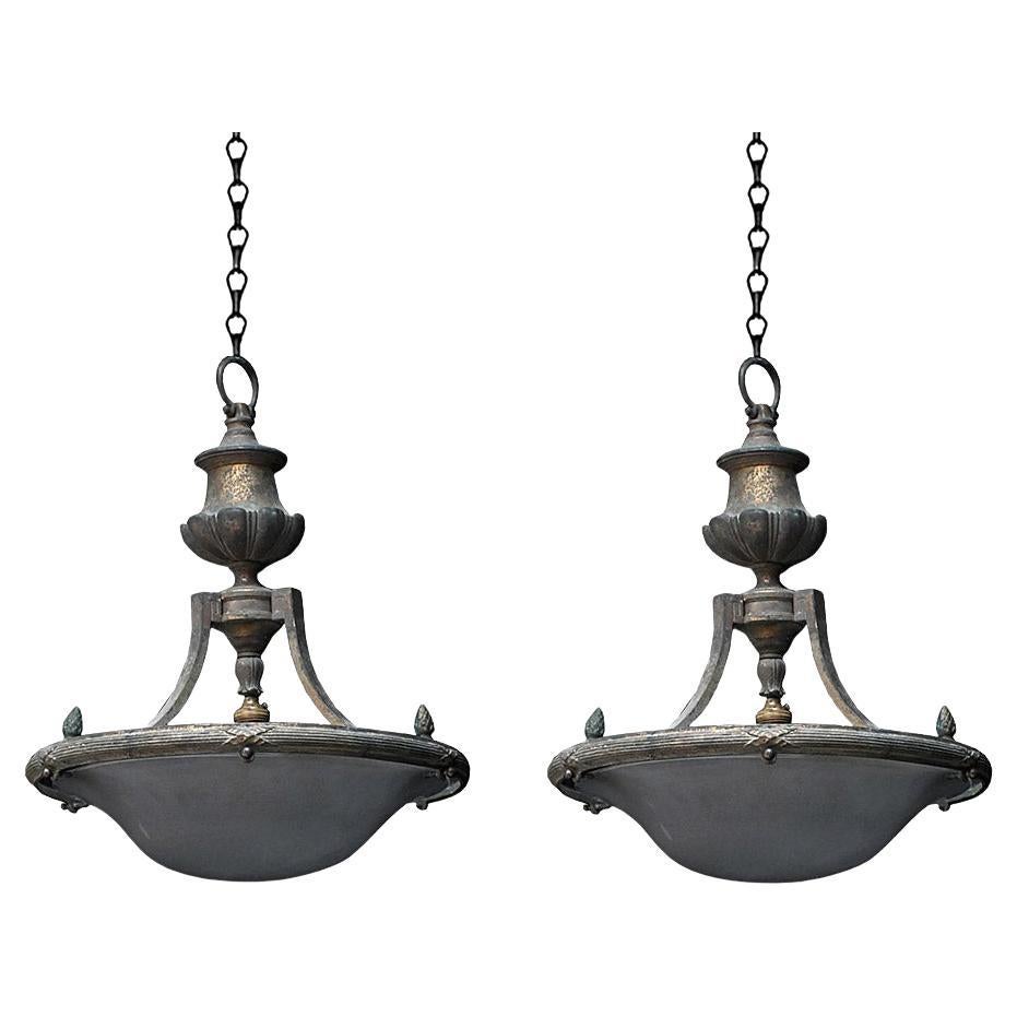19th century matched pair of English bronze ceiling lights For Sale