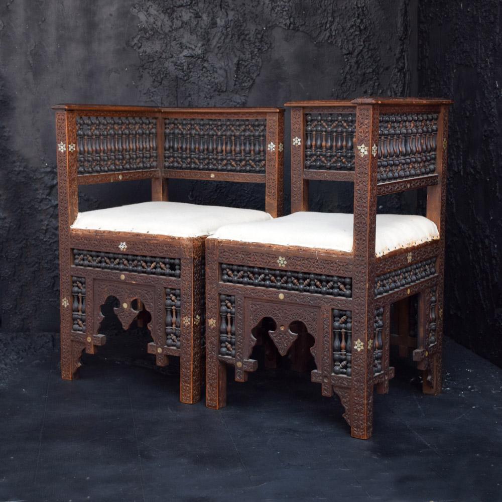 19th Century Matched Pair of Moorish Syrian Hand-Crafted Chairs In Fair Condition For Sale In London, GB