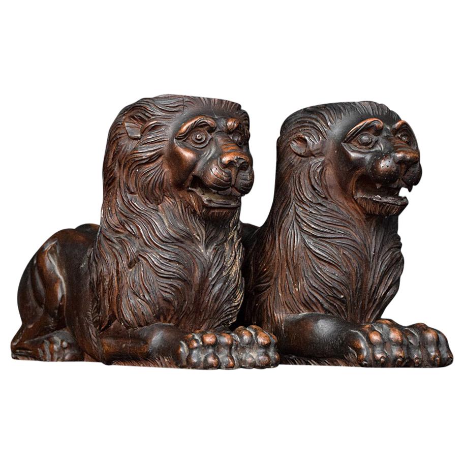 19th Century Matched Pair of Recumbent Carved Mahogany Lions
