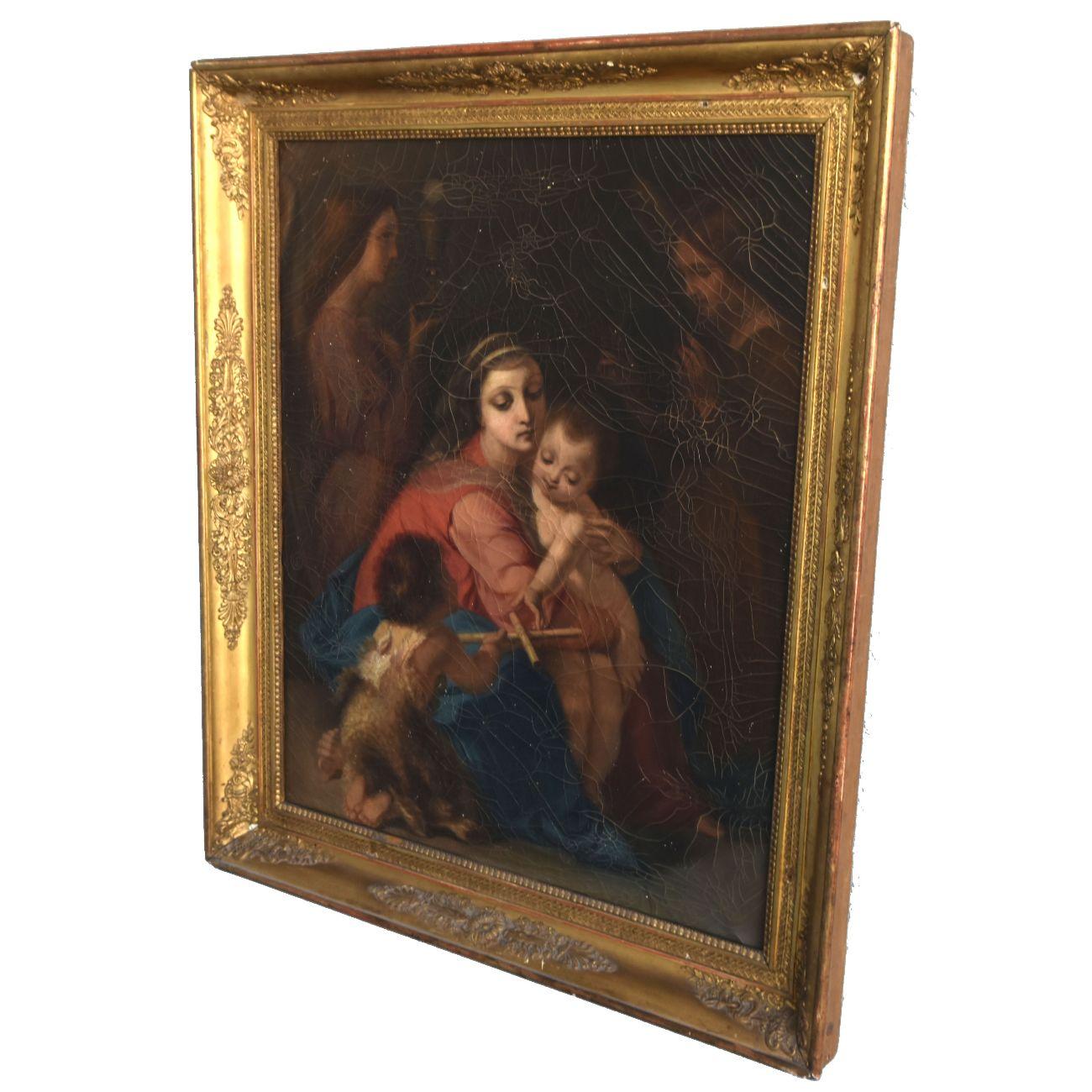 Maternity from the 19th century oil on canvas, frame from the restoration period in gilded stucco, very good quality of painting but the canvas is to be cleaned and restored because there are large cracks.