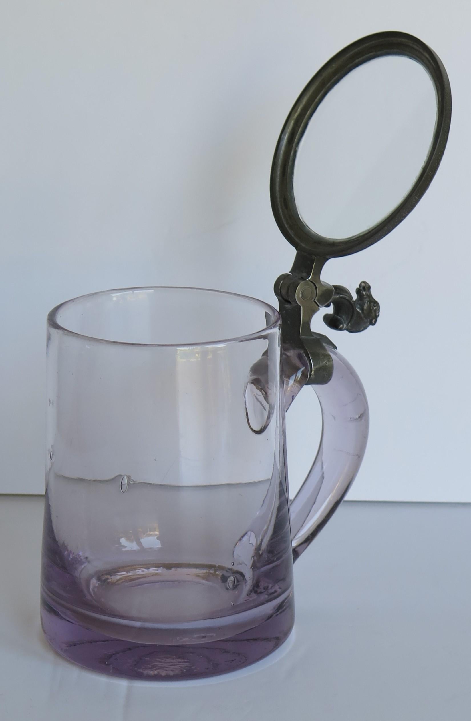 19th Century Glass drinking Tankard Hand Blown with Pewter Horse Head Hinged Lid, 19th C  For Sale