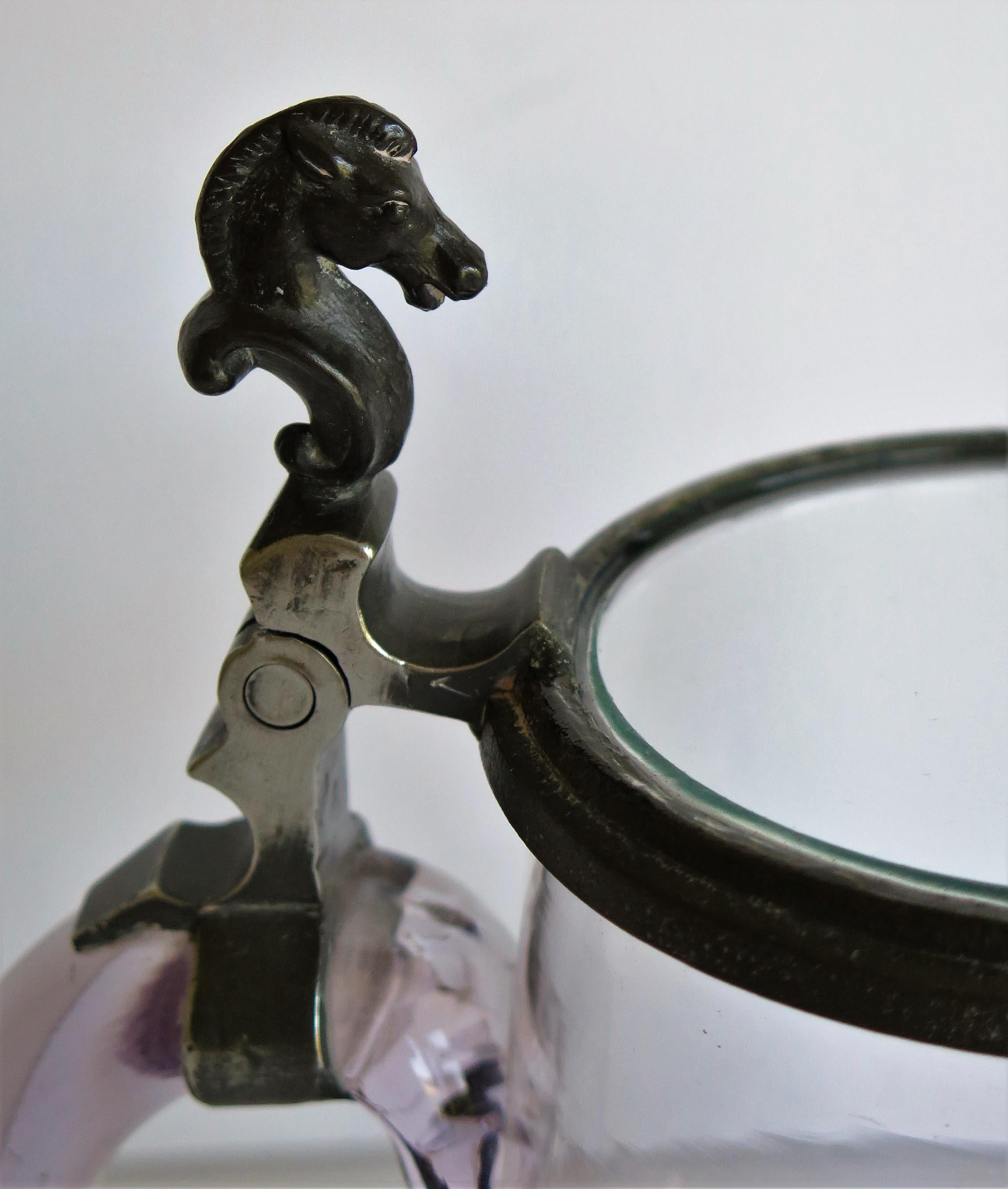 Glass drinking Tankard Hand Blown with Pewter Horse Head Hinged Lid, 19th C  For Sale 7