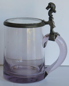 Glass drinking Tankard Hand Blown with Pewter Horse Head Hinged Lid, 19th C