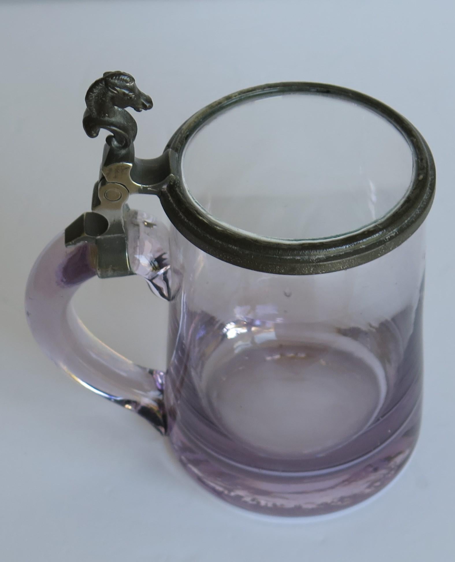 Victorian Glass drinking Tankard Hand Blown with Pewter Horse Head Hinged Lid, 19th C  For Sale