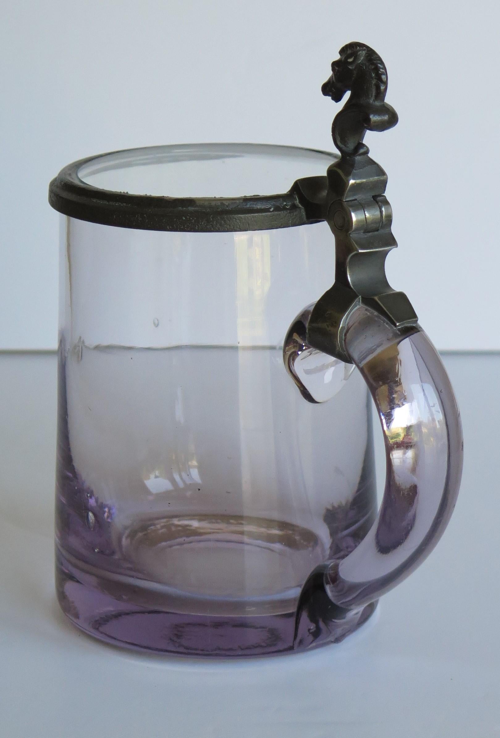 English Glass drinking Tankard Hand Blown with Pewter Horse Head Hinged Lid, 19th C  For Sale