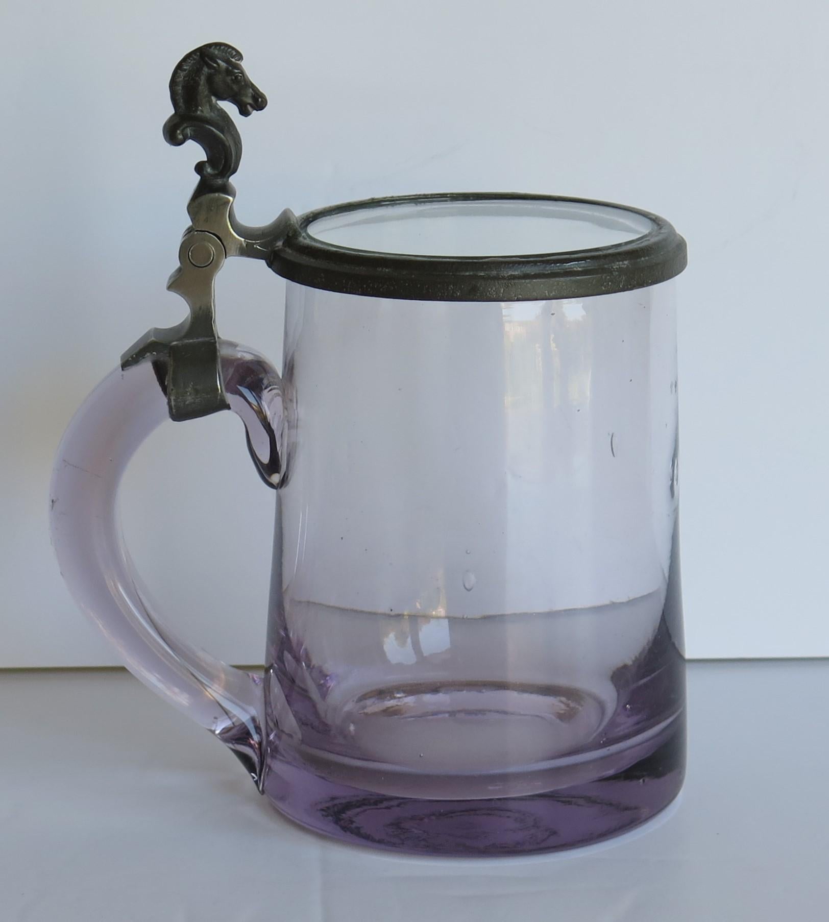 Glass drinking Tankard Hand Blown with Pewter Horse Head Hinged Lid, 19th C  In Good Condition For Sale In Lincoln, Lincolnshire